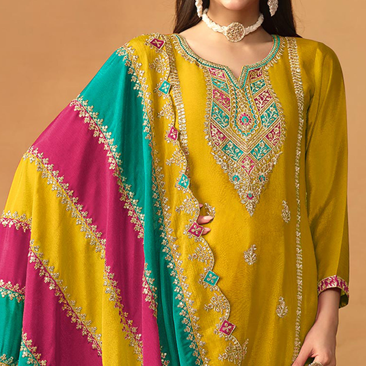 Yellow Floral Sequins Embroidered Chinon Silk Semi Stitched Salwar Suit