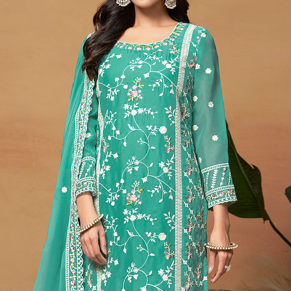 Rama Green Floral Embroidered Organza Semi Stitched Dress Material