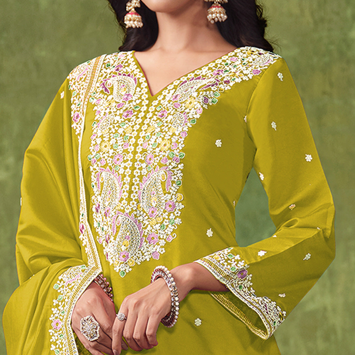 Olive Floral Embroidered Pure Silk Unstitched Dress Material