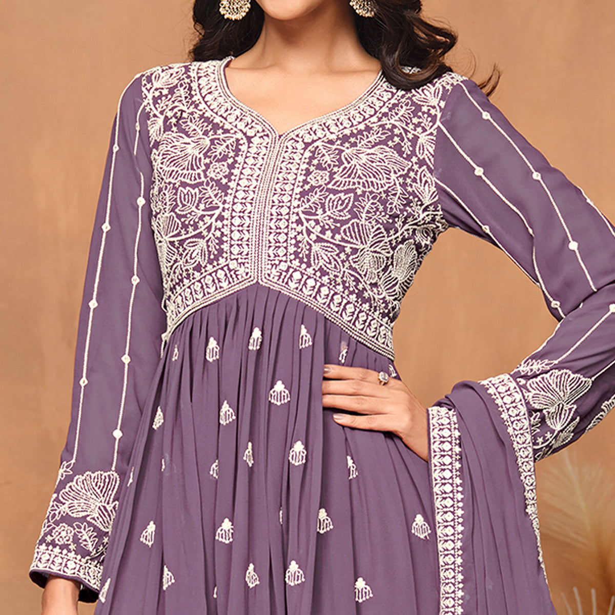 Purple Floral Embroidered Georgette Semi Stitched Suit