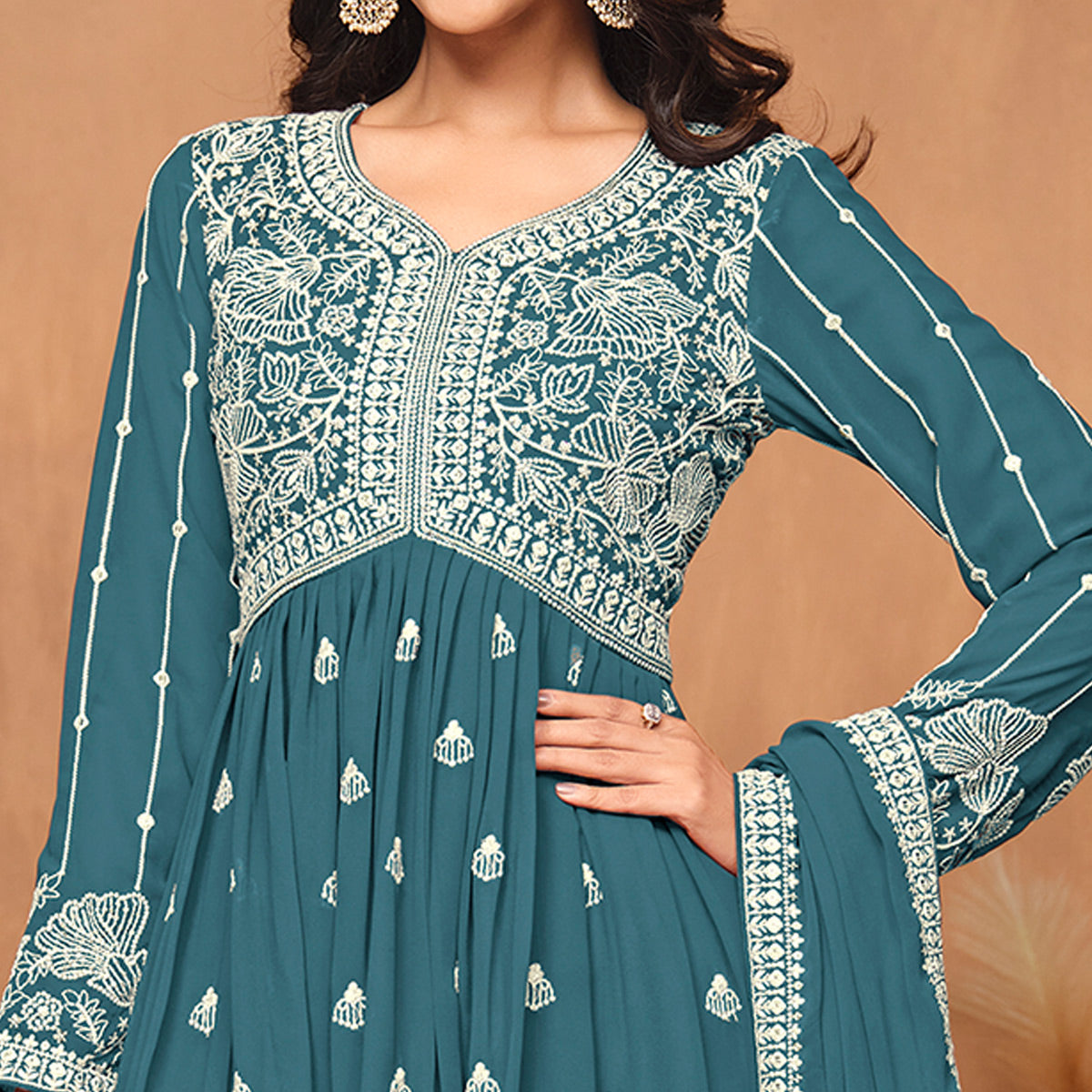 Teal Floral Embroidered Georgette Semi Stitched Suit