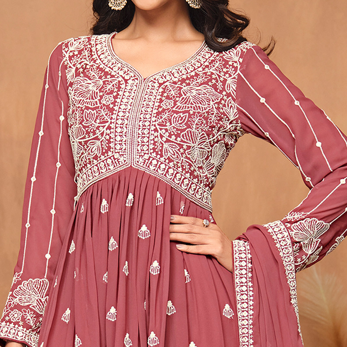 Mauve Floral Embroidered Georgette Semi Stitched Suit