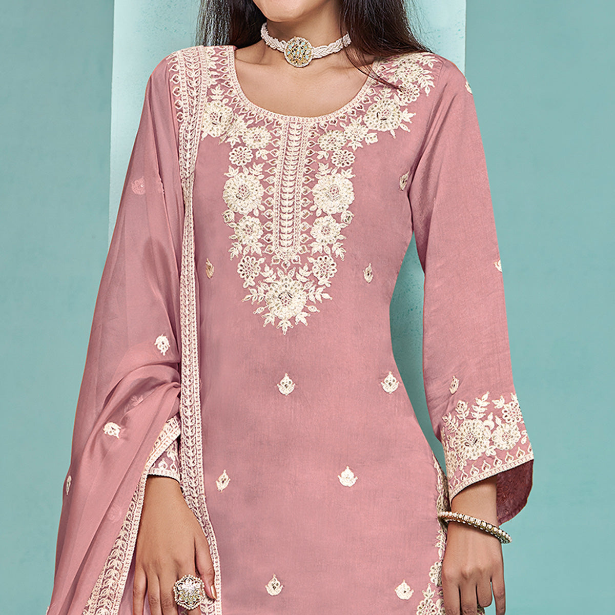 Pink Floral Sequins Embroidered Chanderi Semi Stitched Sharara Suit