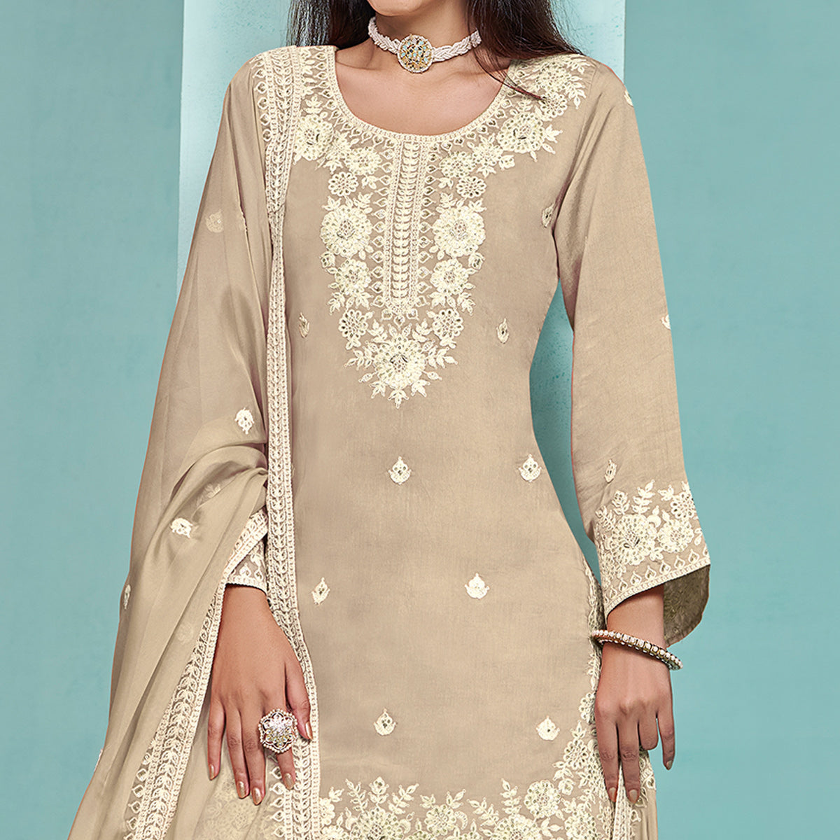 Cream Floral Sequins Embroidered Chanderi Semi Stitched Sharara Suit