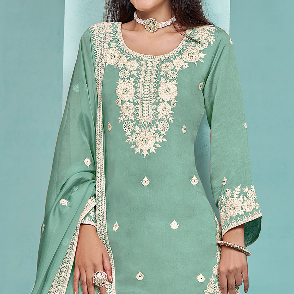 Turquoise Floral Sequins Embroidered Chanderi Semi Stitched Sharara Suit