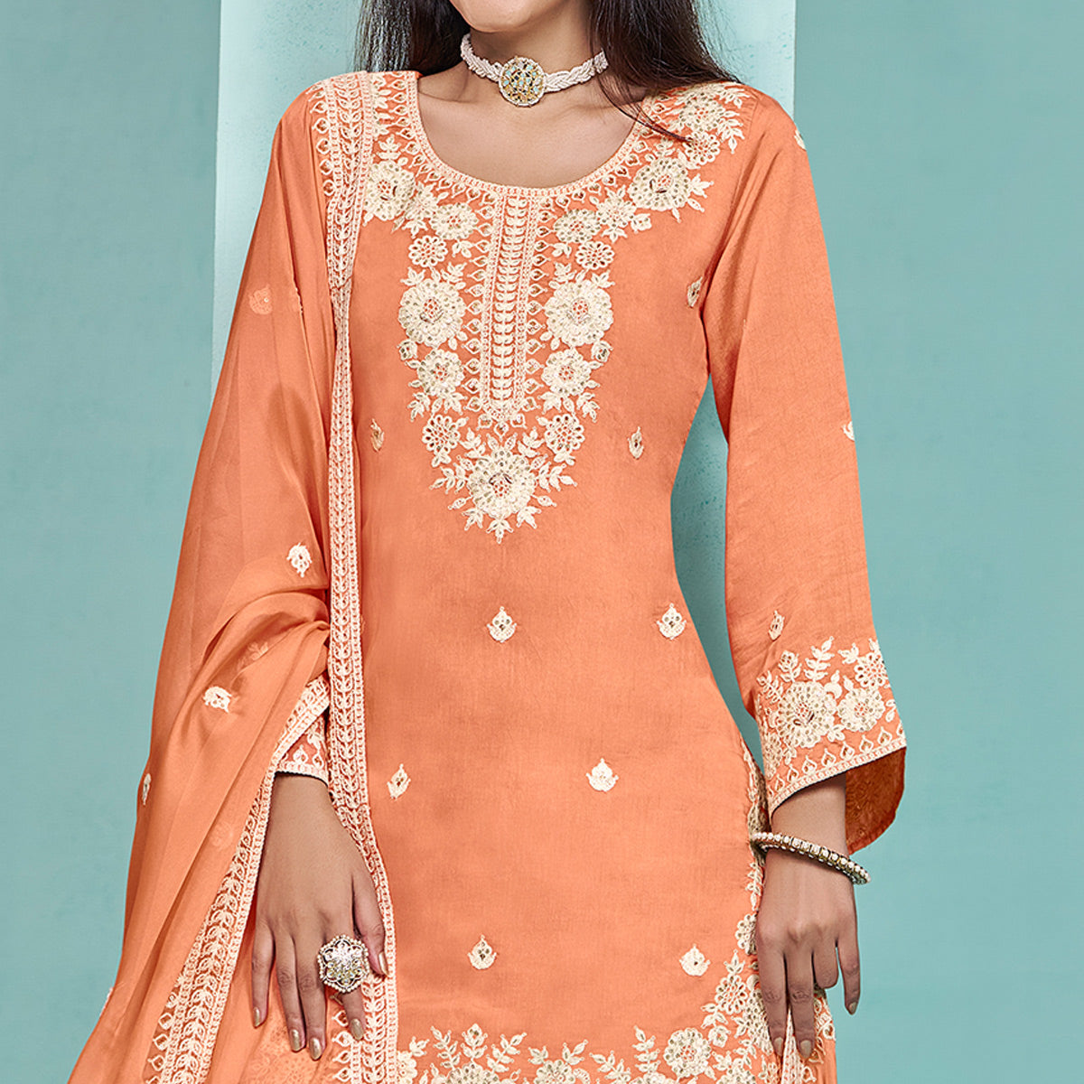 Orange Floral Sequins Embroidered Chanderi Semi Stitched Sharara Suit