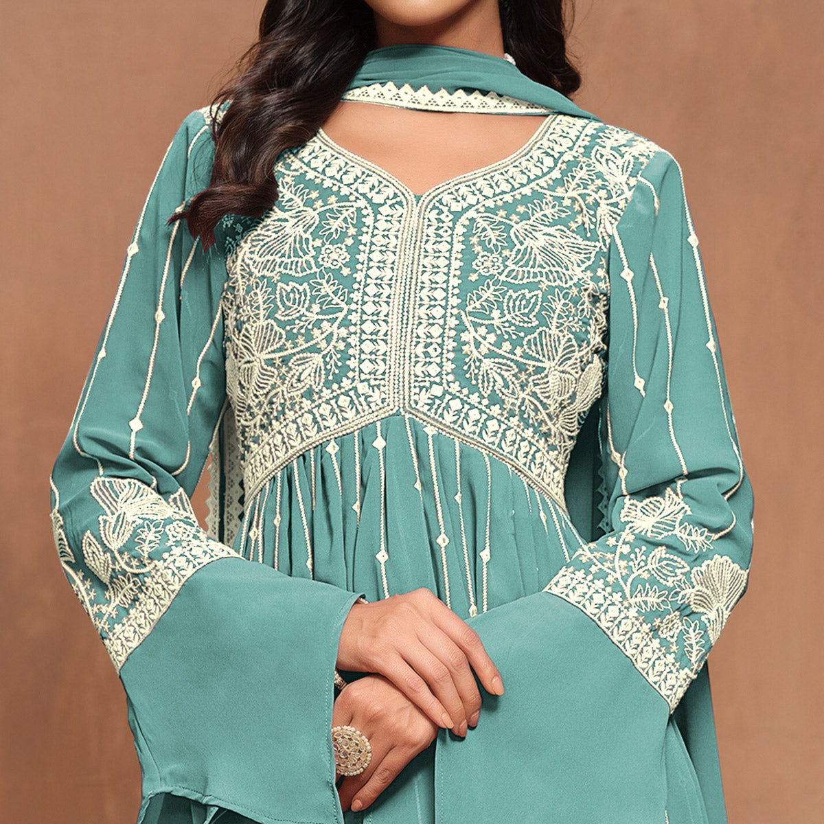 Sky Blue Floral Embroidered Georgette Semi Stitched Alia Cut Sharara Suit