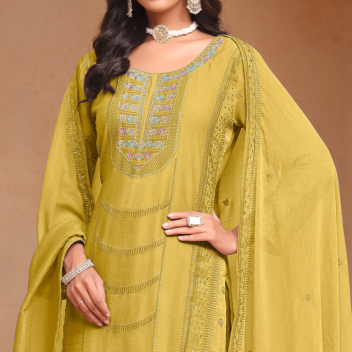 Yellow Floral Embroidered Organza Semi Stitched Salwar Suit