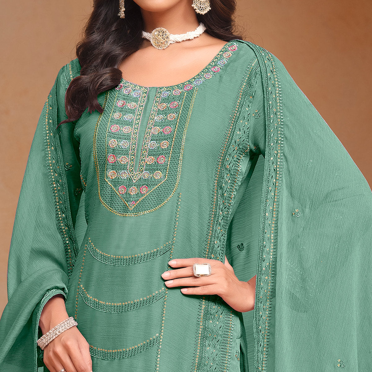 Green Floral Embroidered Organza Semi Stitched Salwar Suit