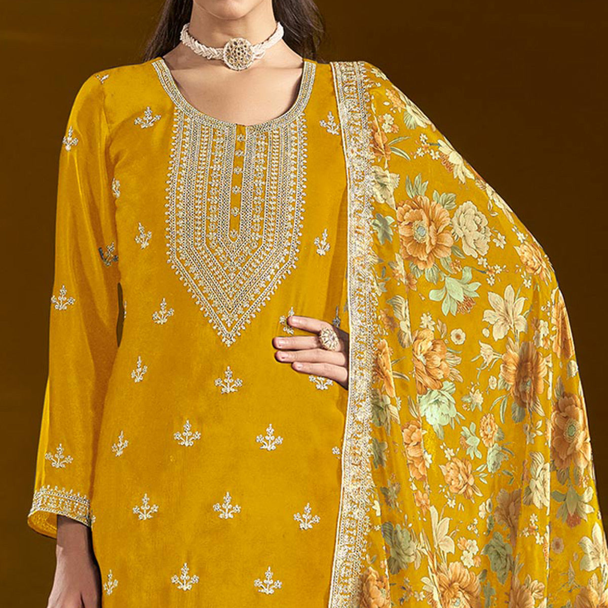 Mustard Floral Embroidered Chinon Semi Stitched Salwar Suit