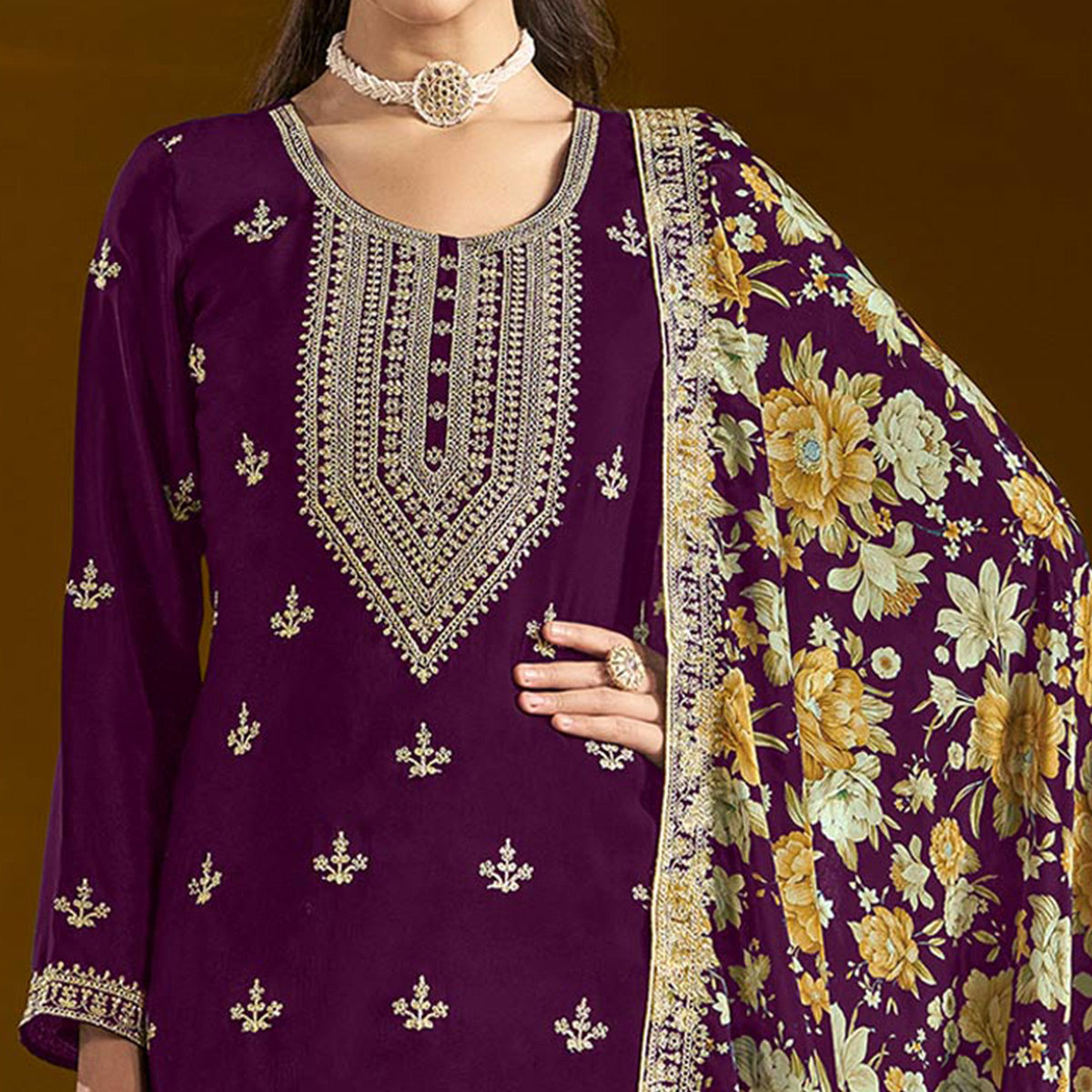 Purple Floral Embroidered Chinon Semi Stitched Salwar Suit