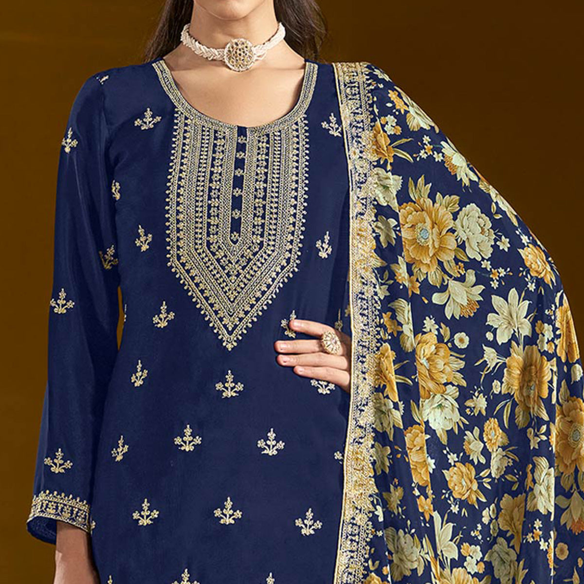 Blue Floral Embroidered Chinon Semi Stitched Salwar Suit