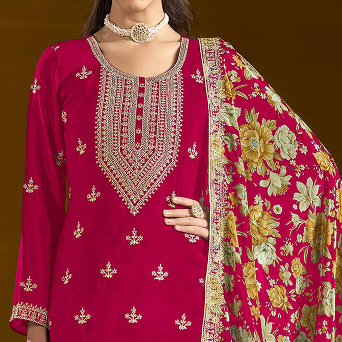 Pink Floral Embroidered Chinon Semi Stitched Salwar Suit