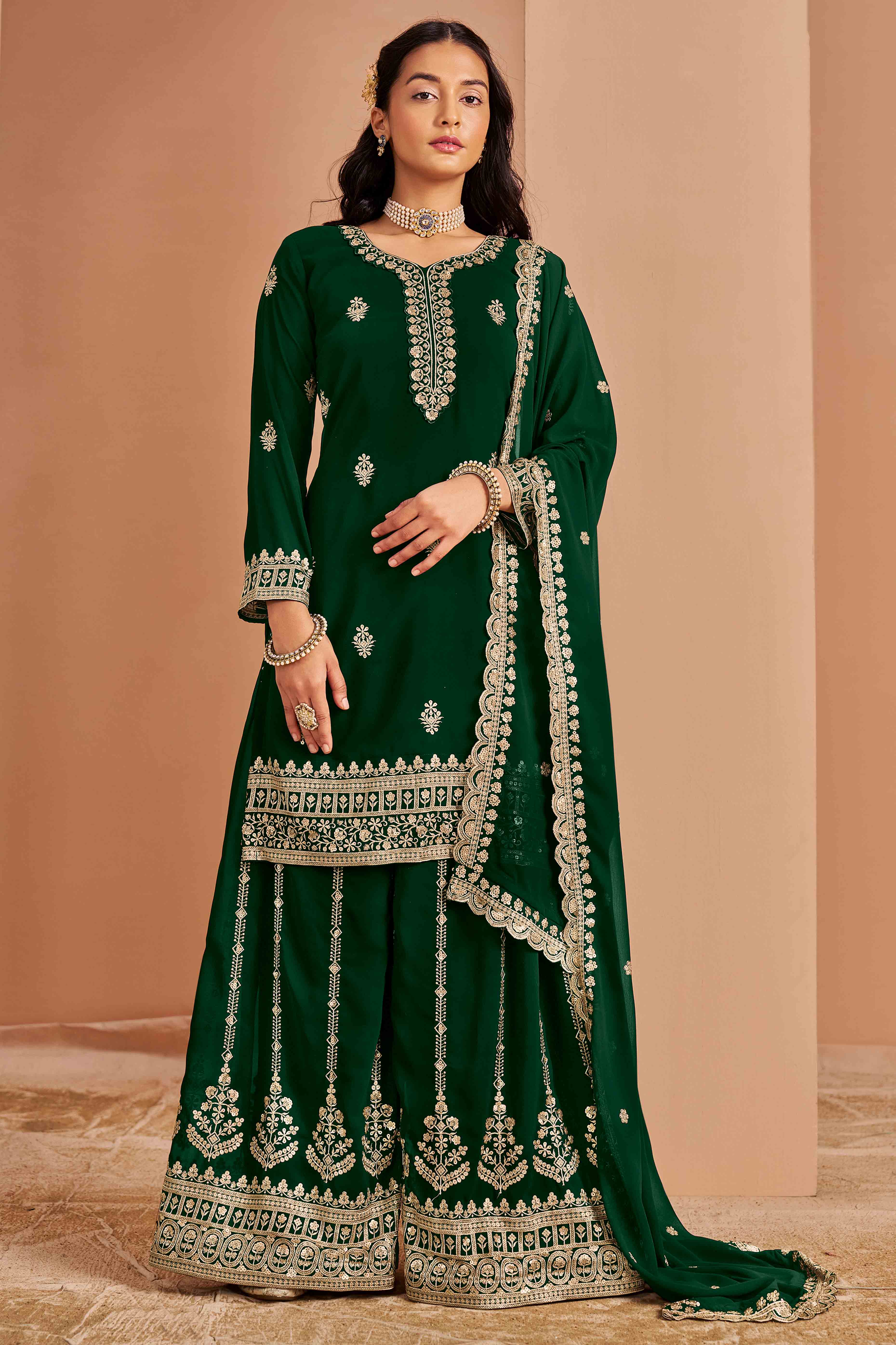 Green Floral Embroidery Georgette Semi Stitched Palazzo Suit