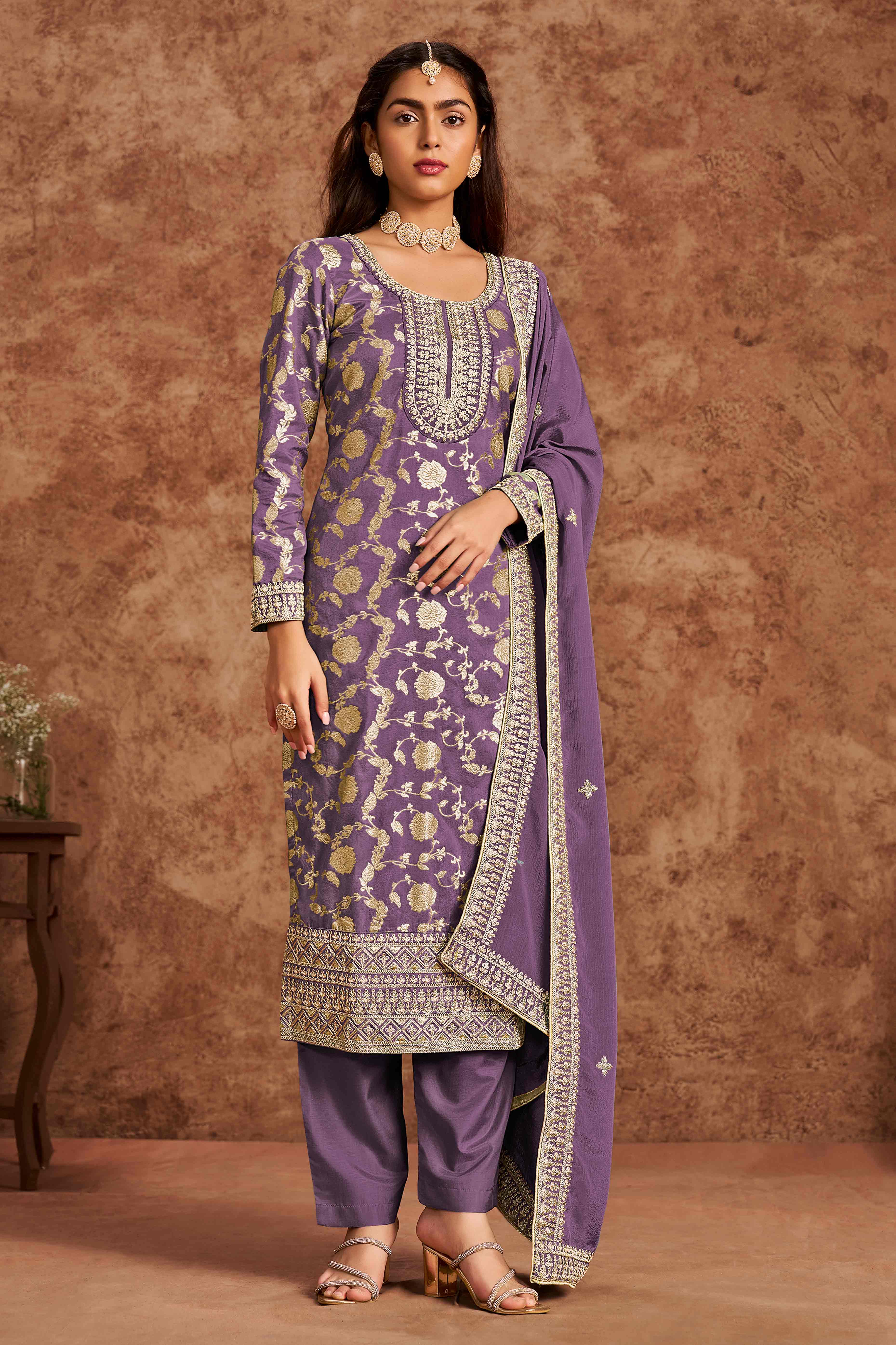 Purple Floral Woven Dola Silk Jacquard Dress Material
