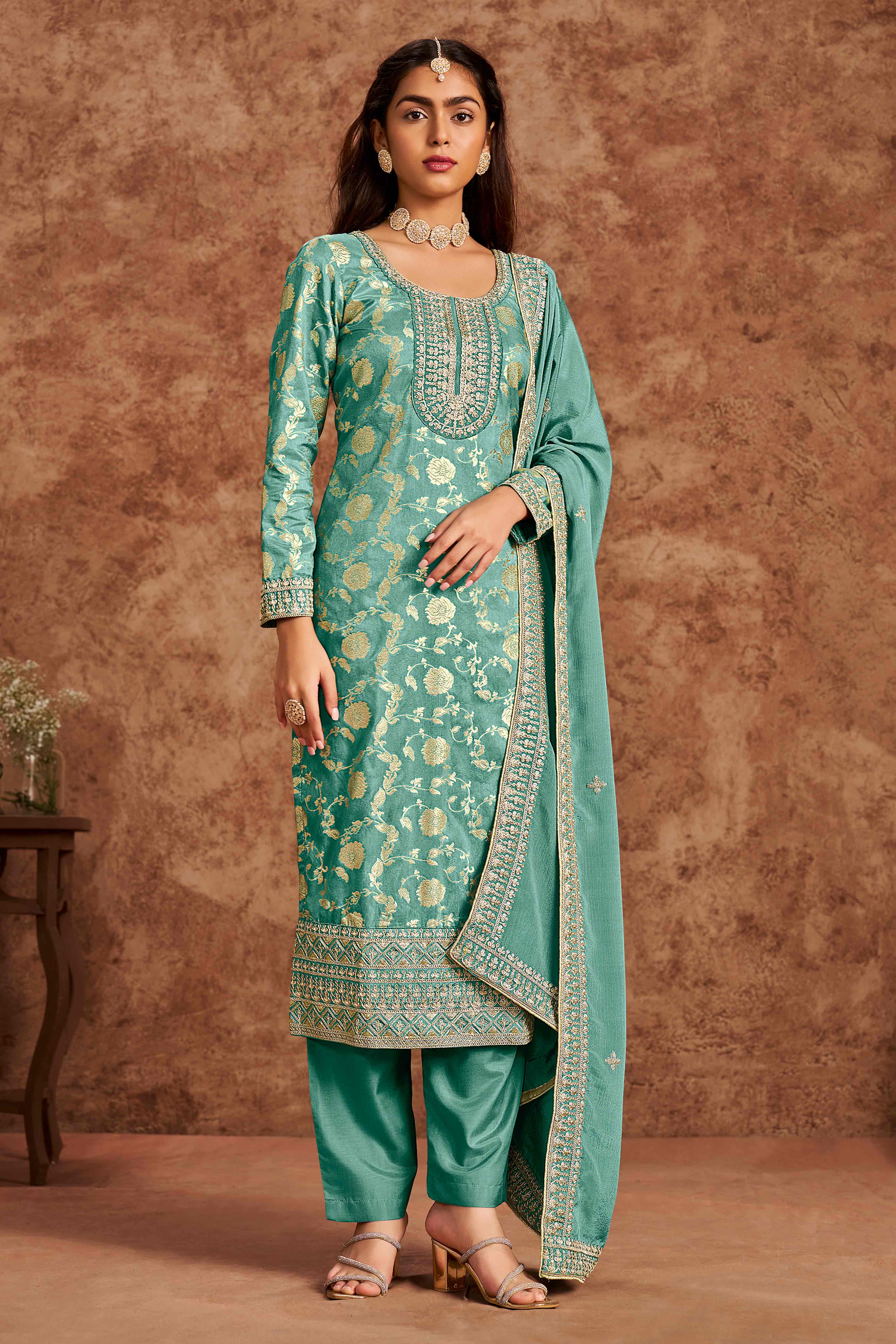 Turquoise Floral Woven Dola Silk Jacquard Dress Material
