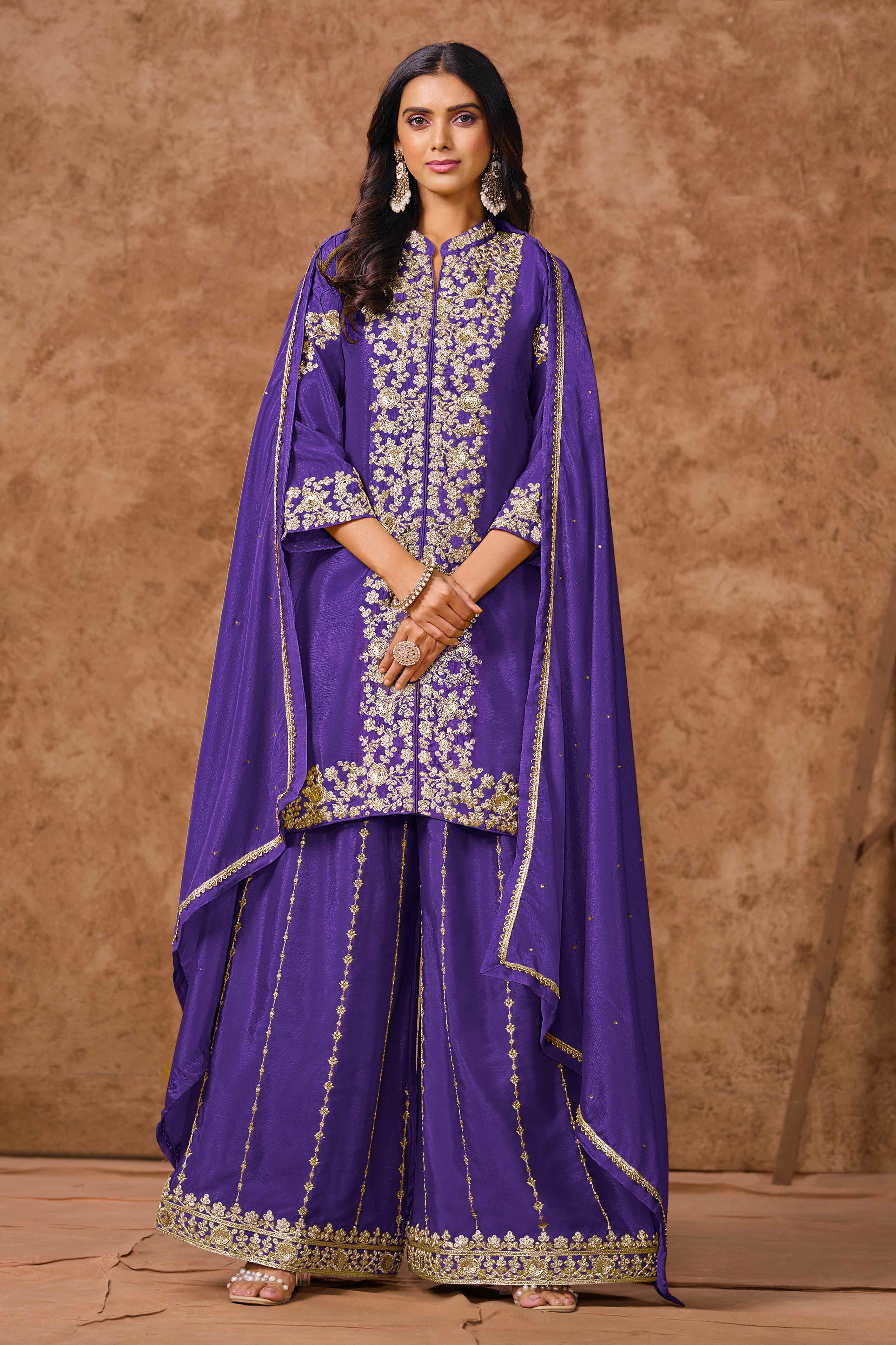 Violet Chinon Palazzo Suit With Floral Sequins & Cording Embroidery Work