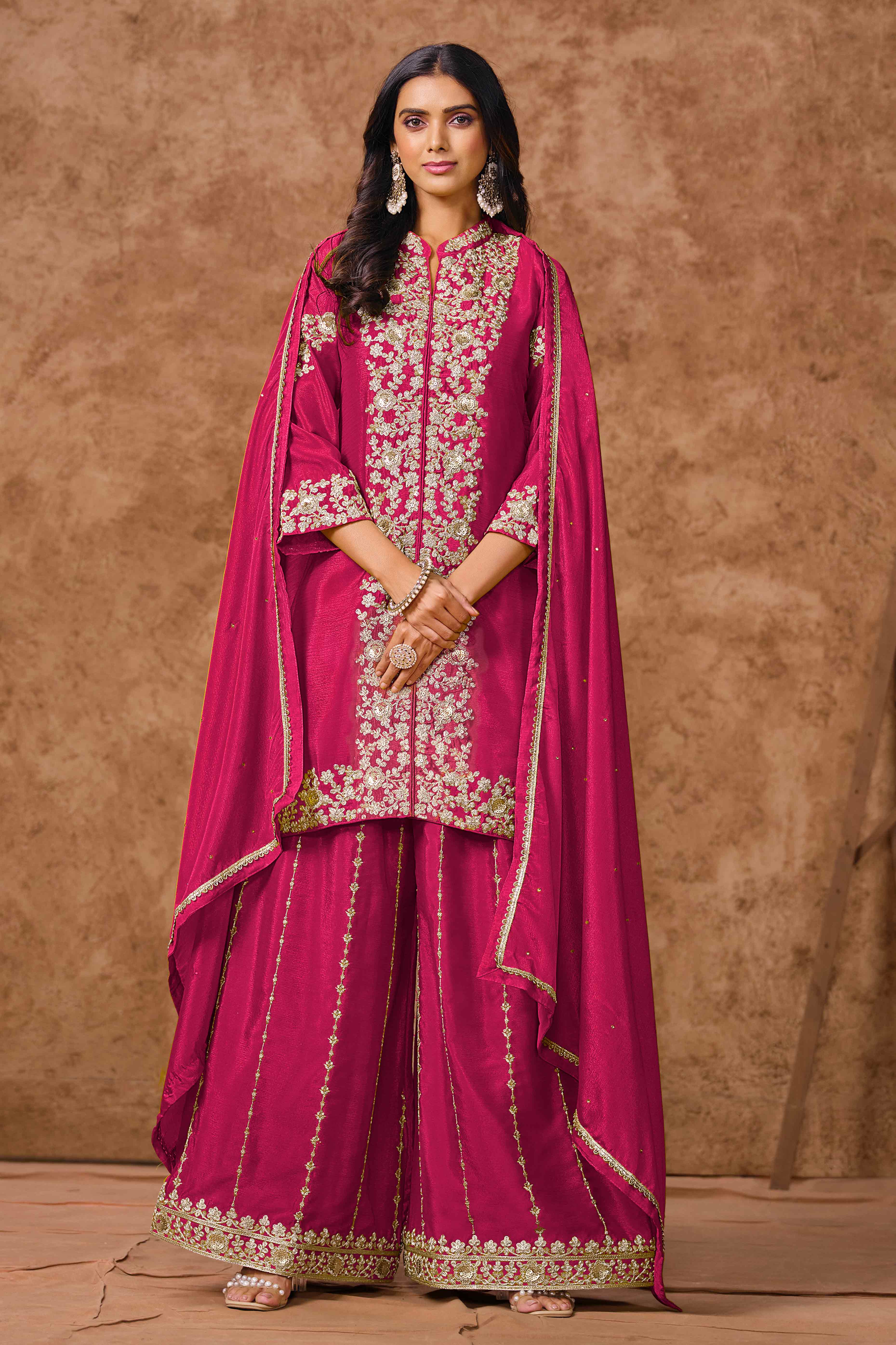 Rani Pink Chinon Palazzo Suit With Floral Sequins & Cording Embroidery Work