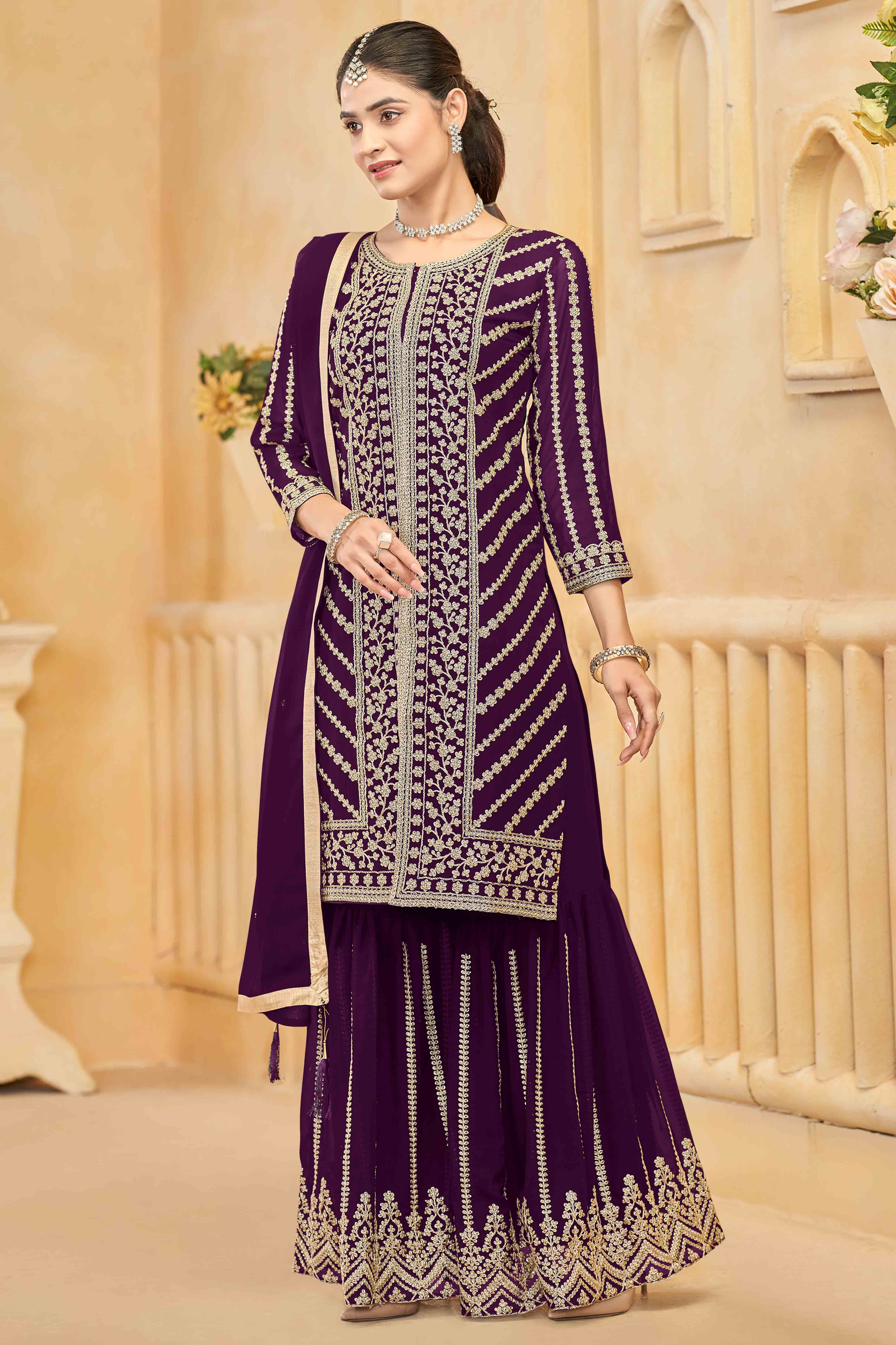 Wine Georgette Palazzo Suit Adorned With Floral Sequins & Cording Embroidery