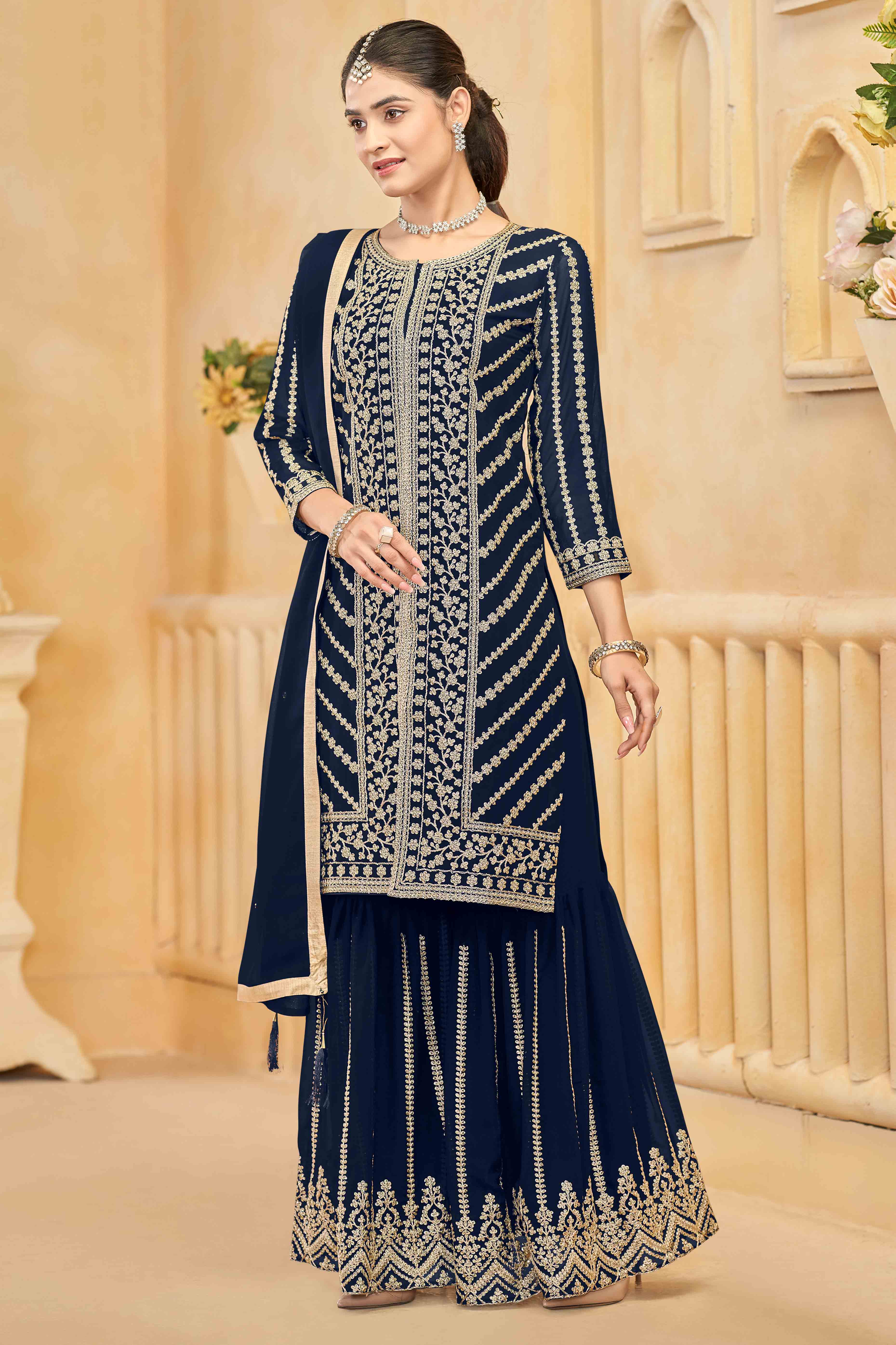 Navy Blue Georgette Palazzo Suit Adorned With Floral Sequins & Cording Embroidery