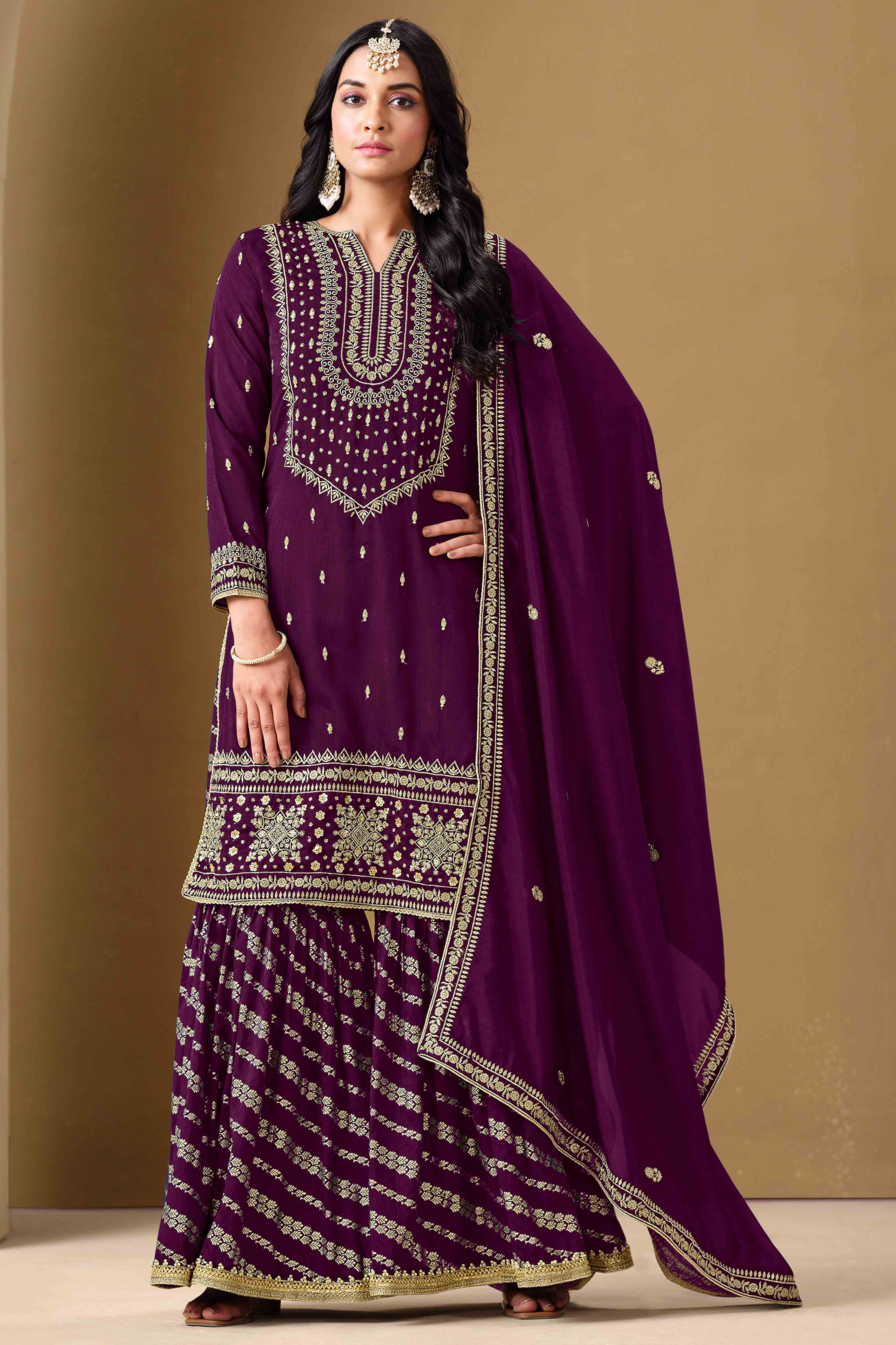 Wine Art Silk Sharara Suit With Floral Sequins Embroidery Work