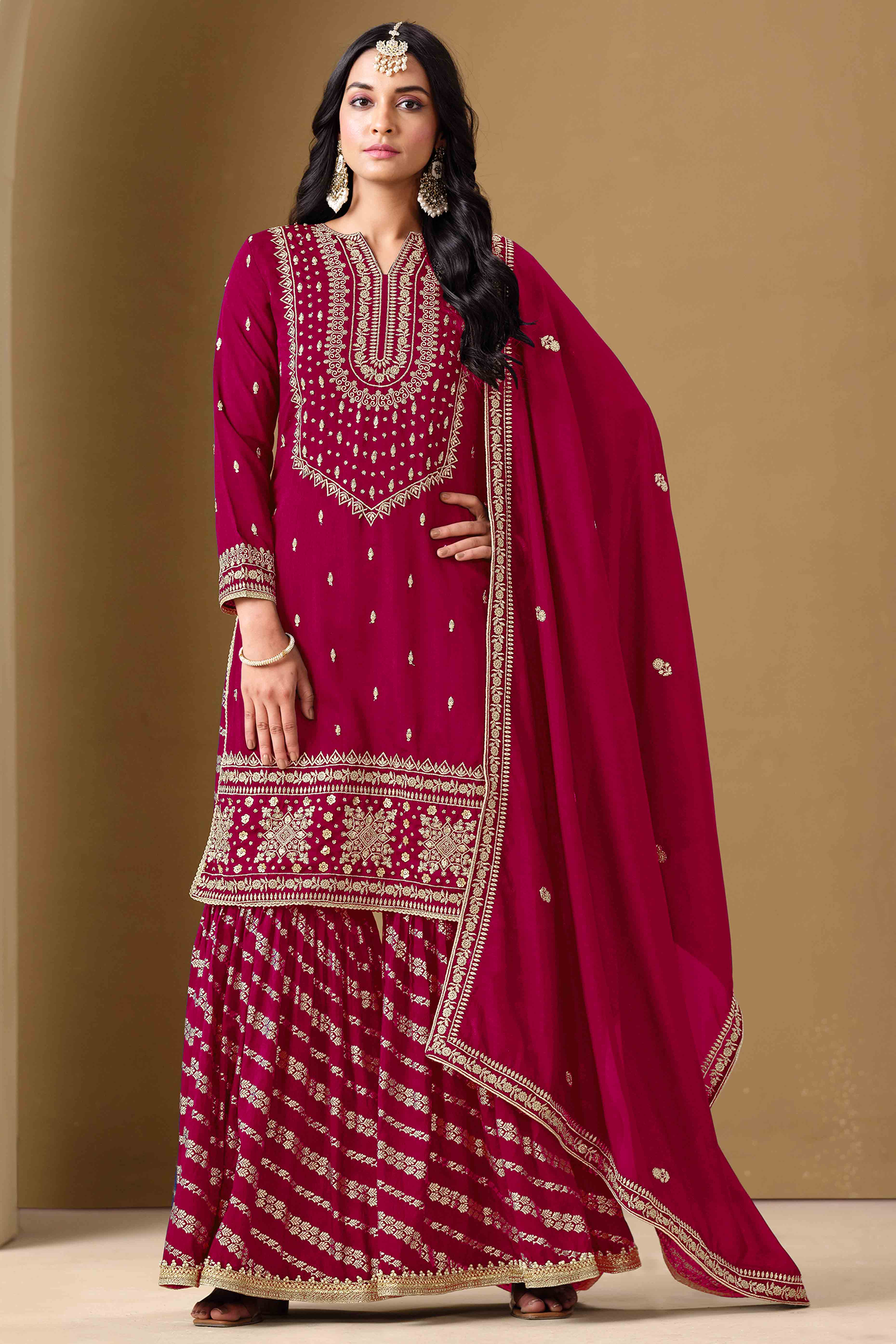 Pink Art Silk Sharara Suit With Floral Sequins Embroidery Work