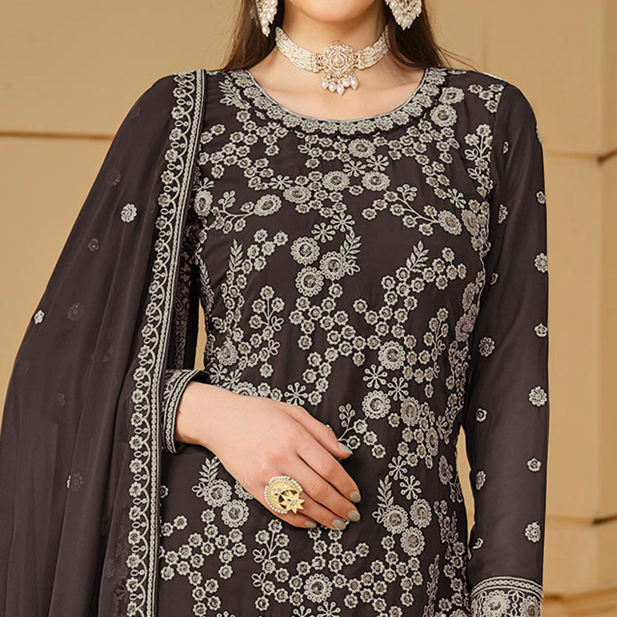 Dark Grey Floral Embroidered Georgette Semi Stitched Sharara Suit