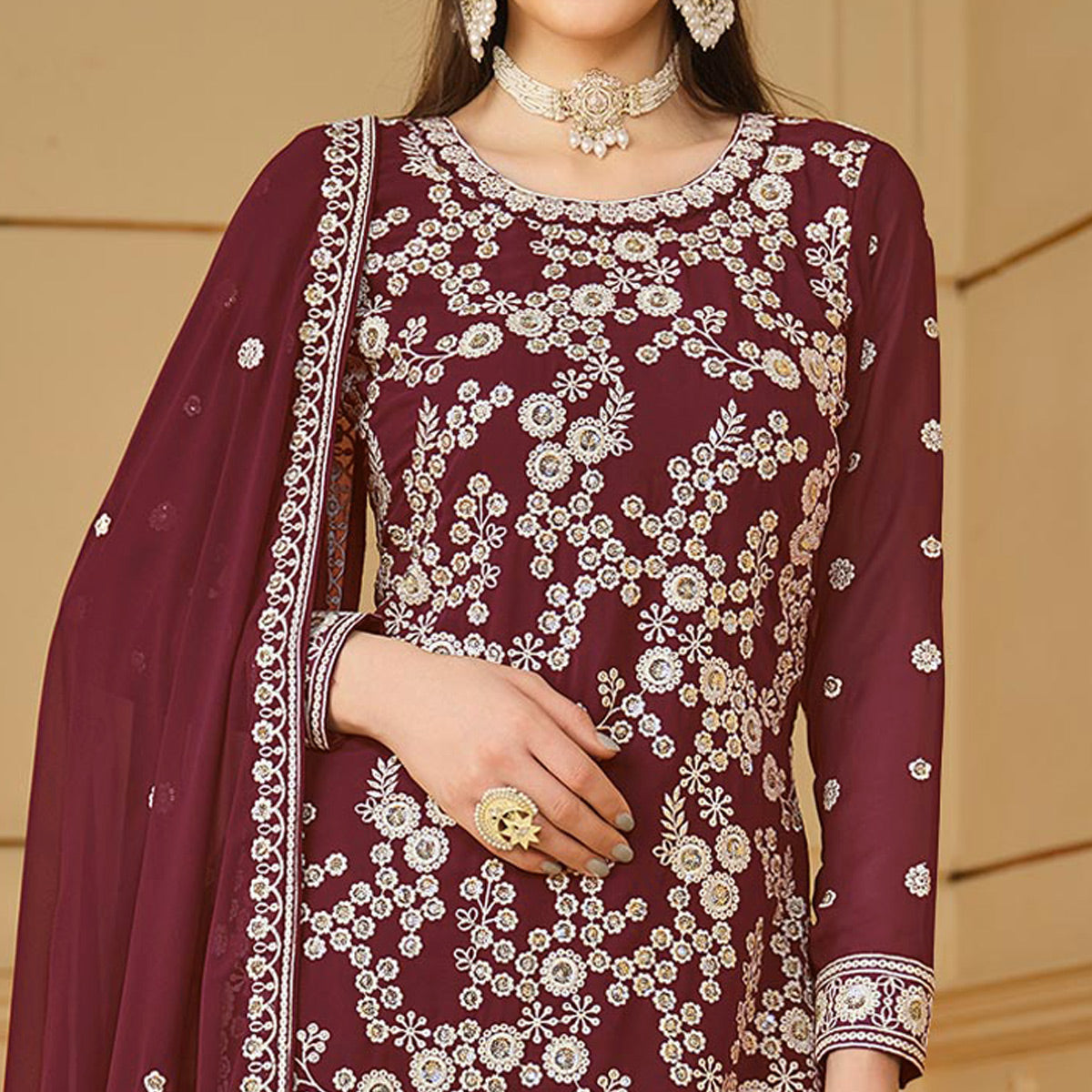 Wine Floral Embroidered Georgette Semi Stitched Sharara Suit