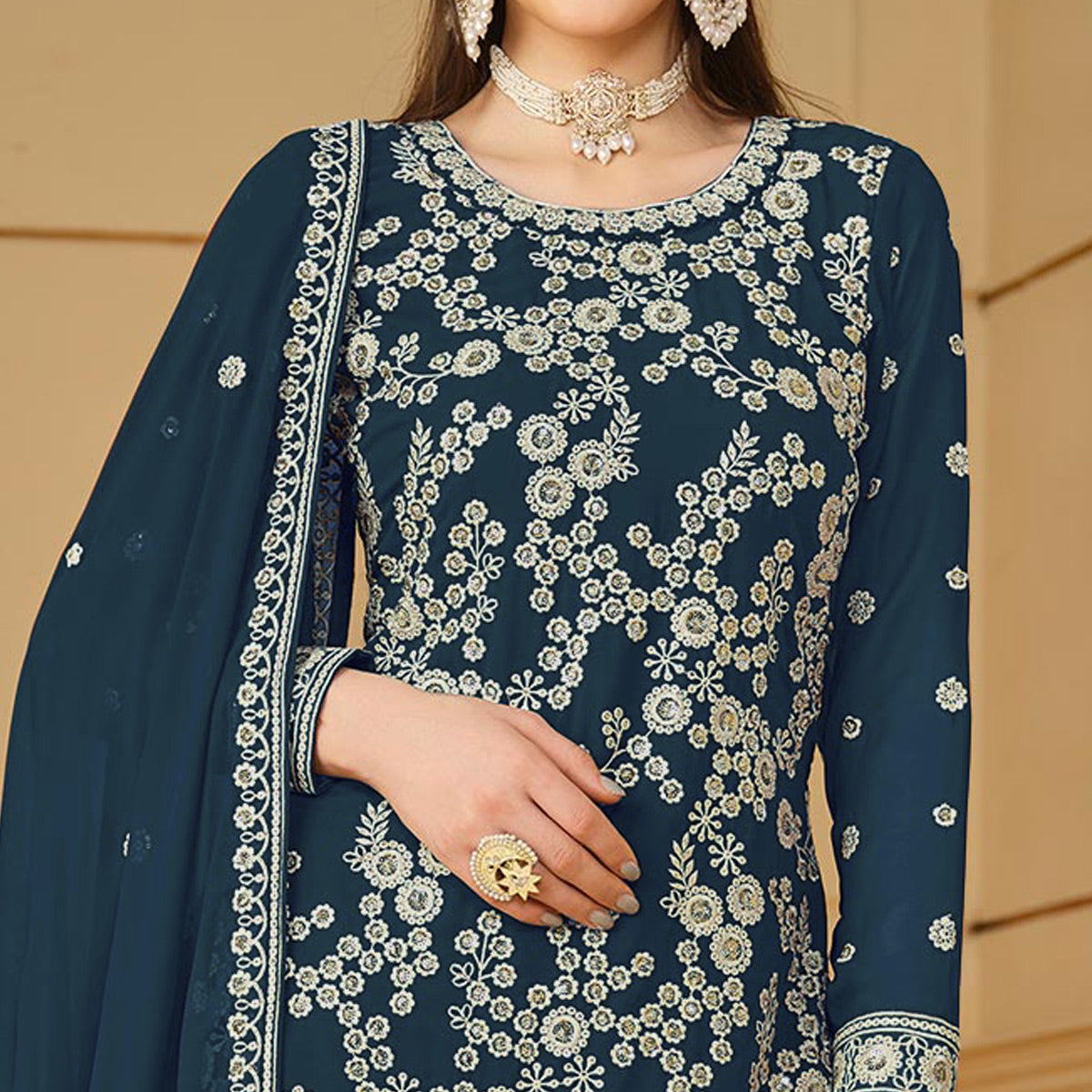 Teal Floral Embroidered Georgette Semi Stitched Sharara Suit