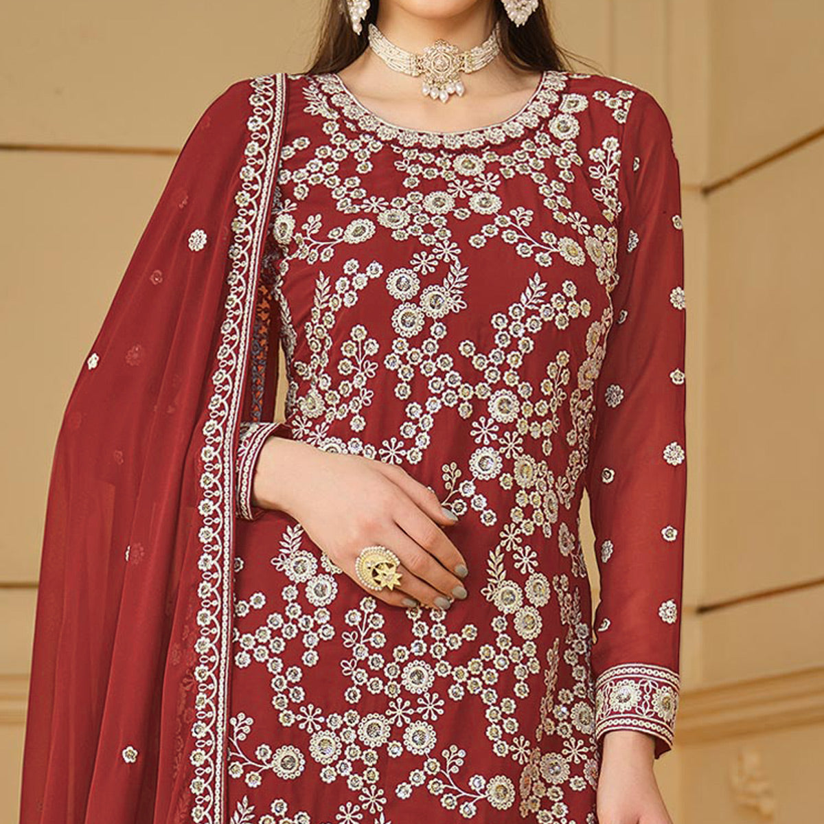 Rust Floral Embroidered Georgette Semi Stitched Sharara Suit
