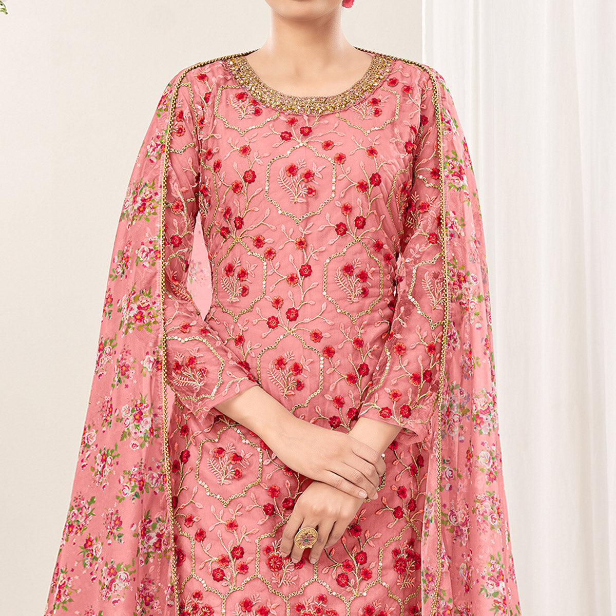 Pink Floral Sequins Embroidered Net Patiala Suit