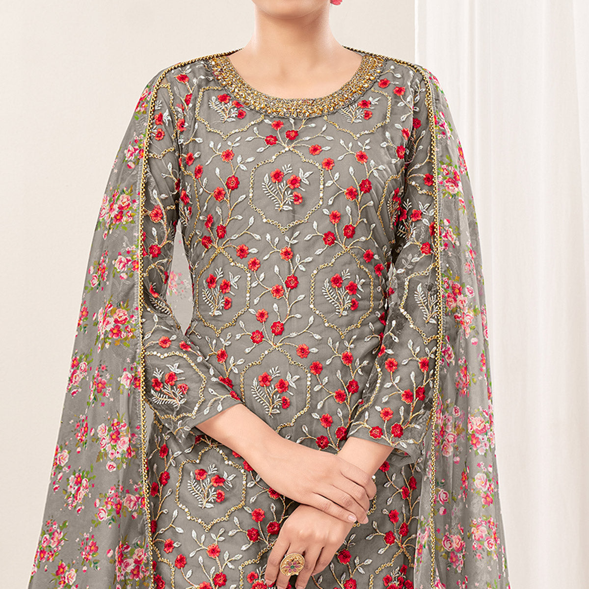 Grey Floral Sequins Embroidered Net Patiala Suit
