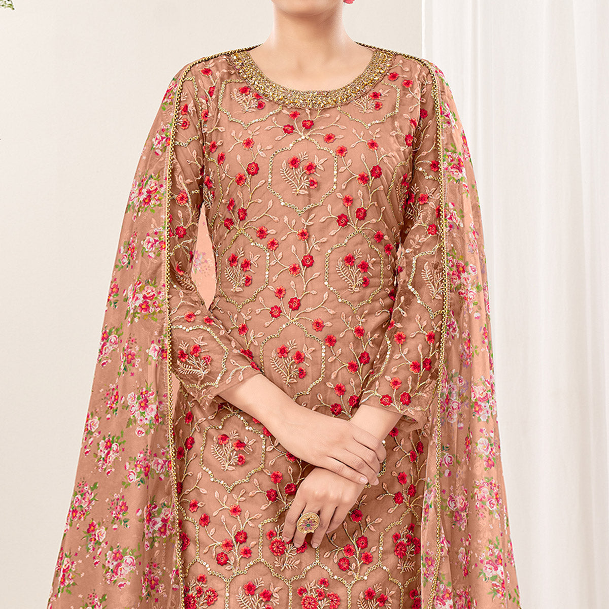 Peach Floral Sequins Embroidered Net Patiala Suit