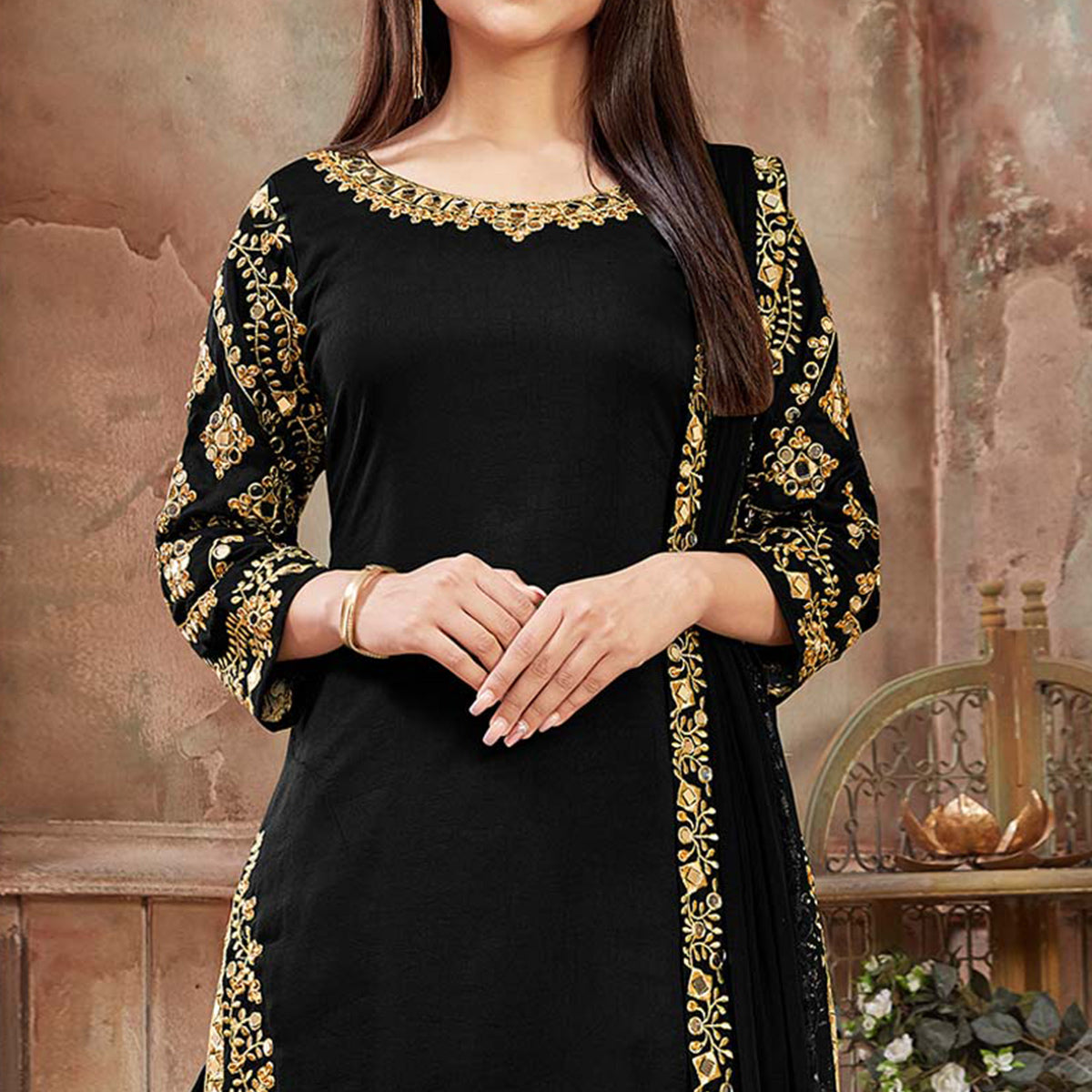 Black Floral Embroidered Art Silk Patiala Suit