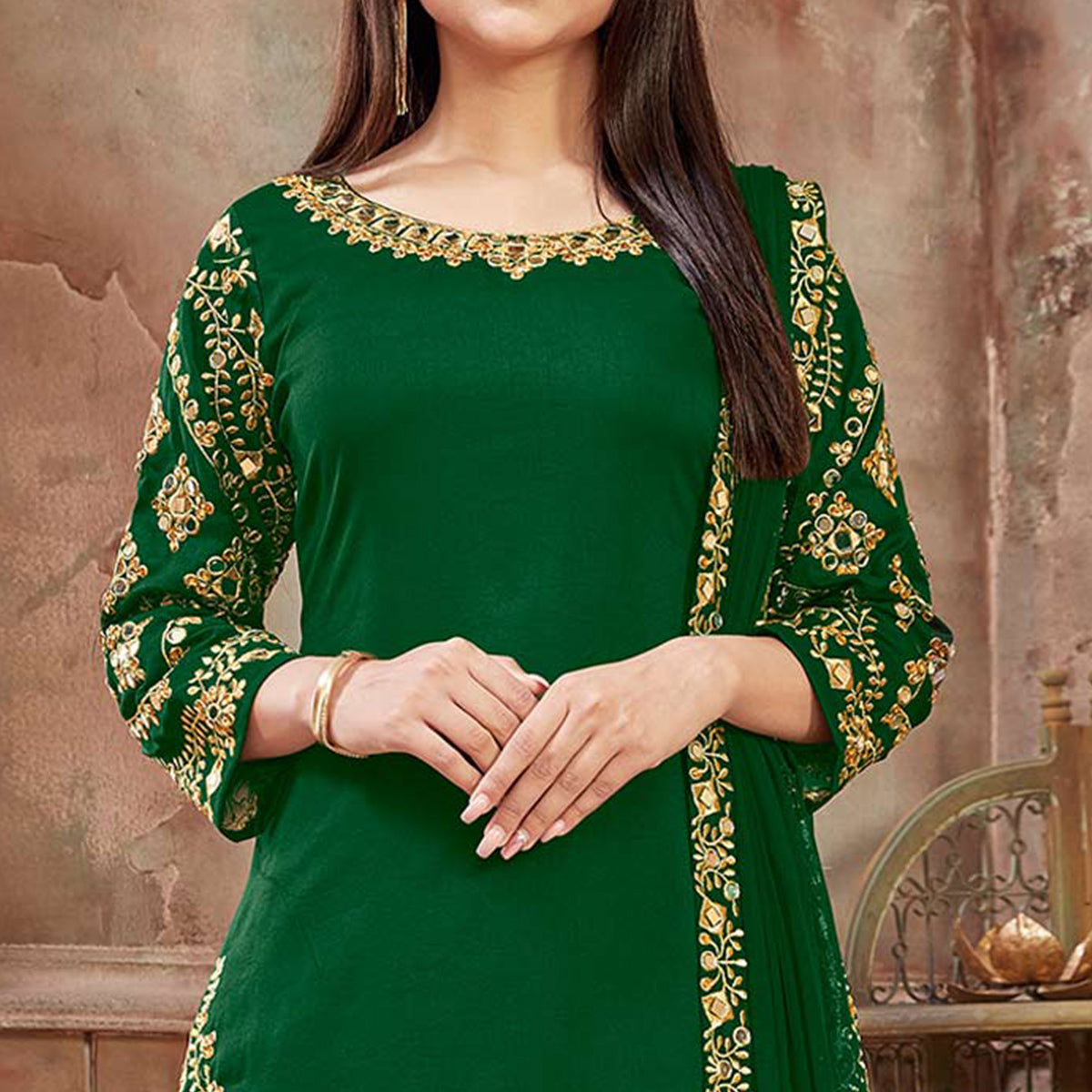 Green Floral Embroidered Art Silk Patiala Suit