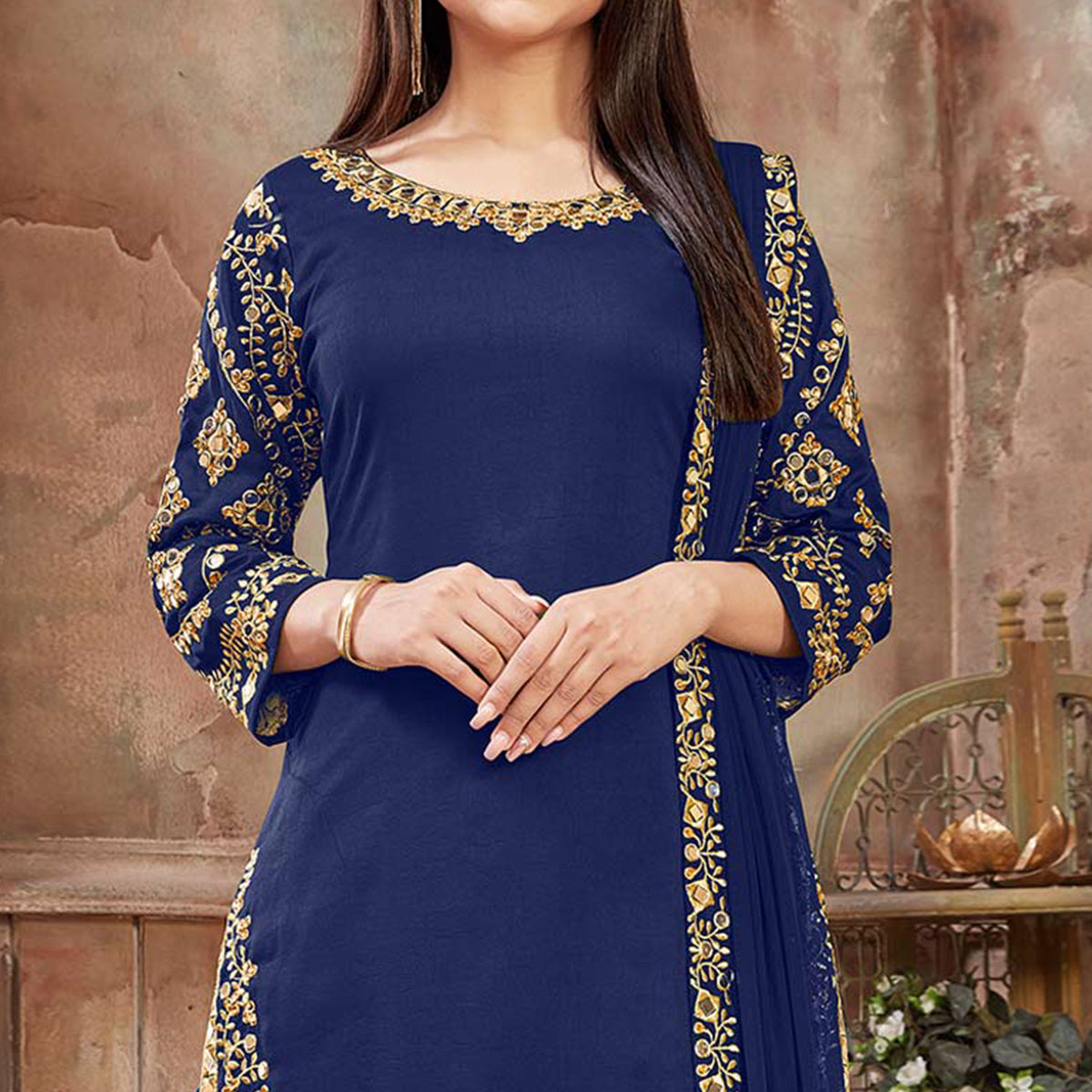 Blue Floral Embroidered Art Silk Patiala Suit