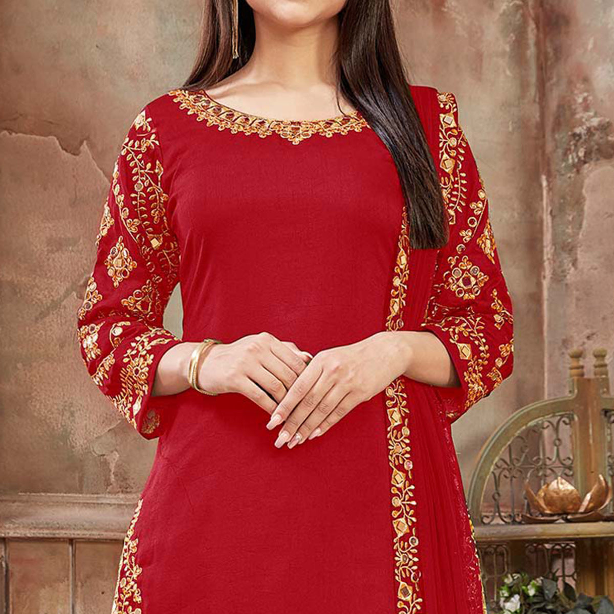 Red Floral Embroidered Art Silk Patiala Suit