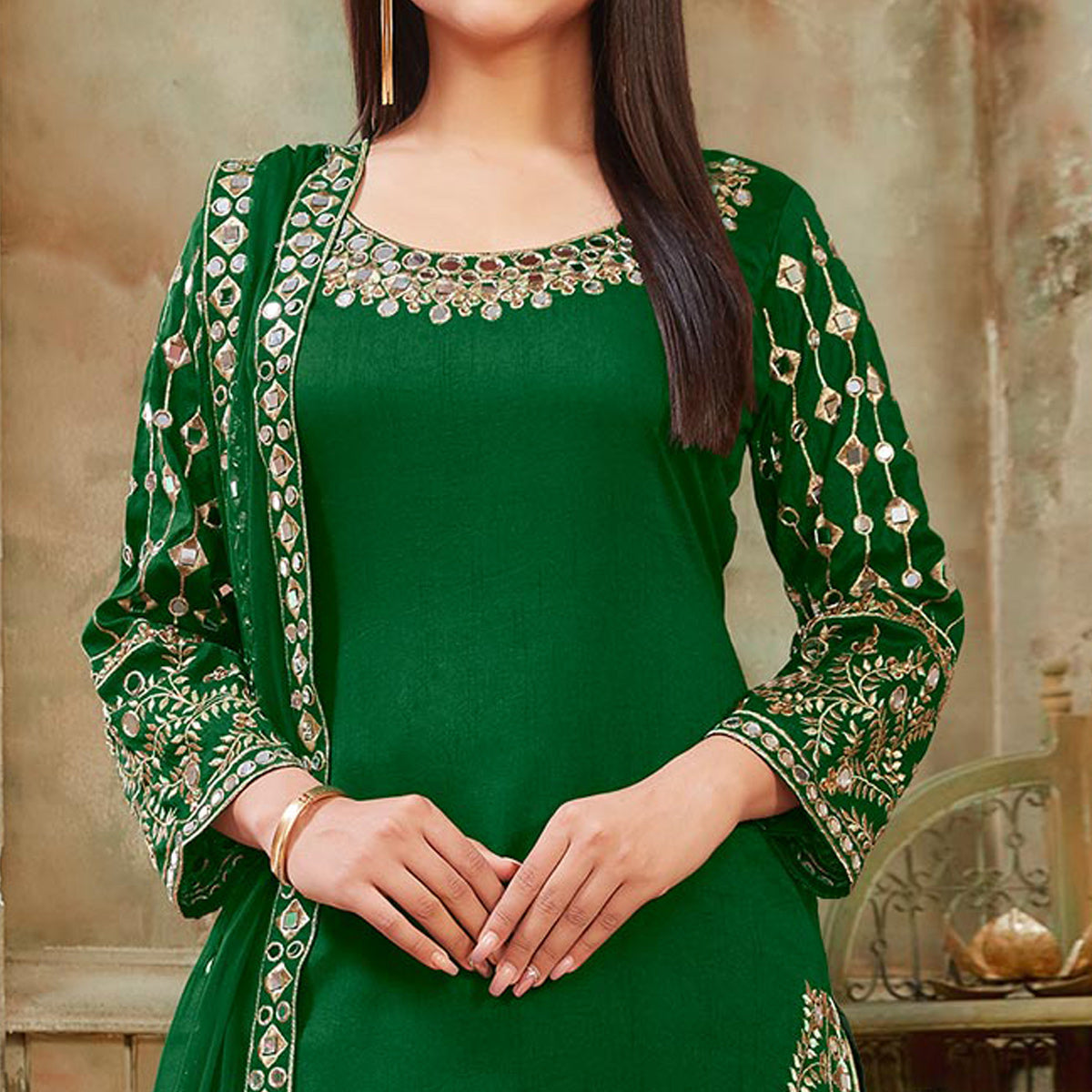 Green Floral Embroidered Art Silk Patiala Suit