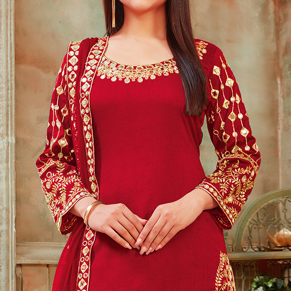 Red Floral Embroidered Art Silk Patiala Suit