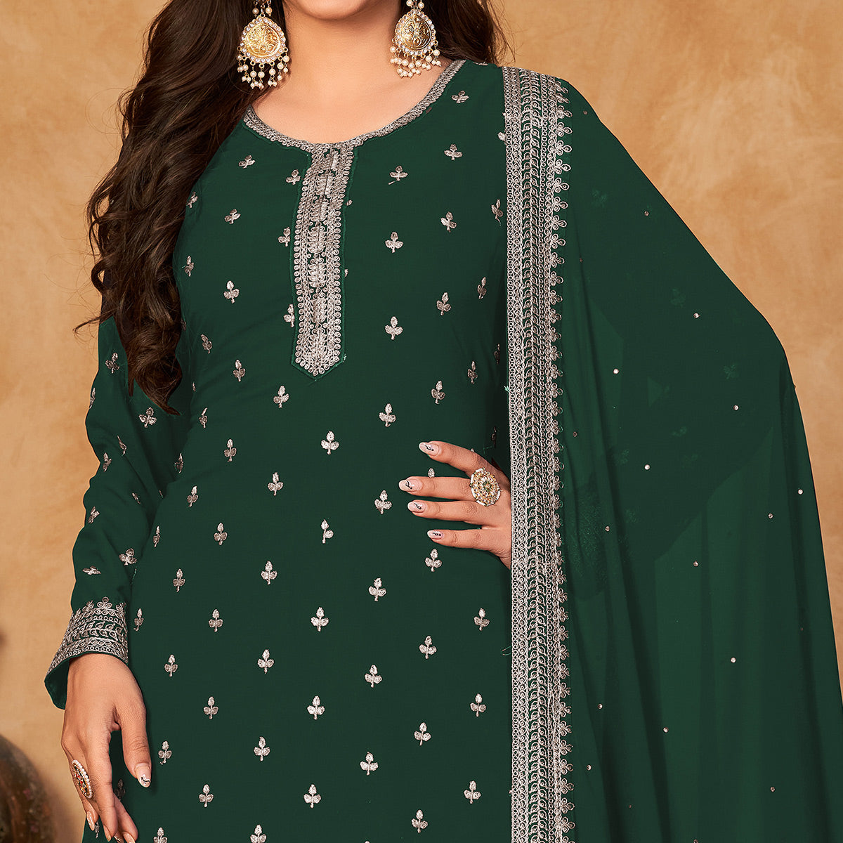 Green Floral Embroidered Georgette Semi Stitched Suit