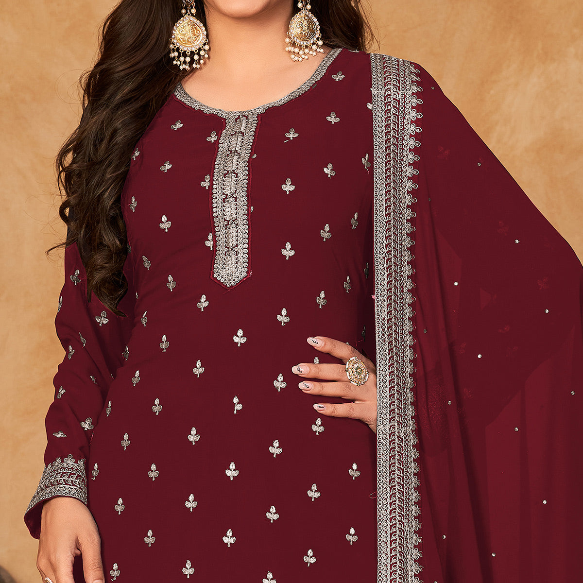 Maroon Floral Embroidered Georgette Semi Stitched Suit
