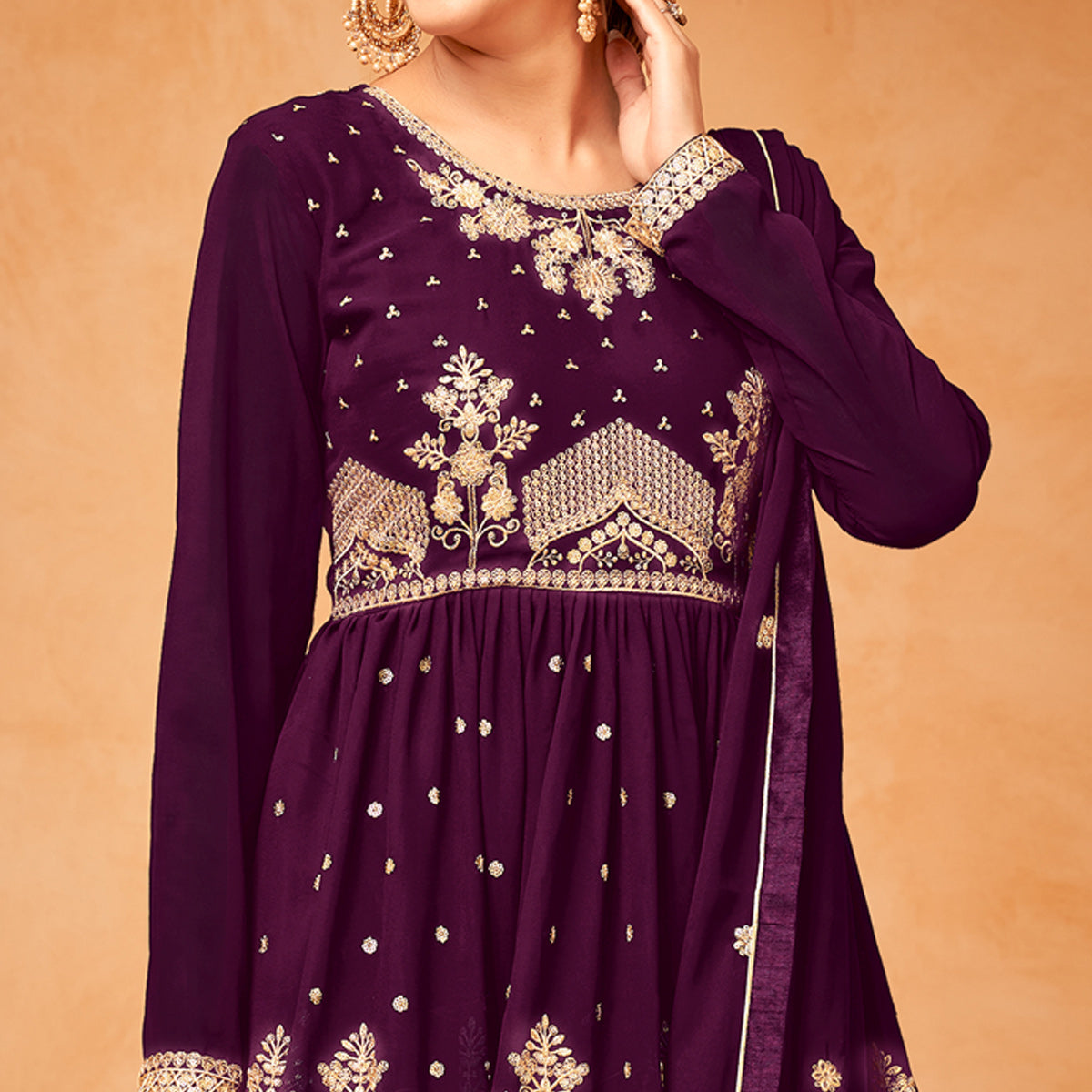 Purple Floral Sequin Embroidered Georgette Semi Stitched Suit