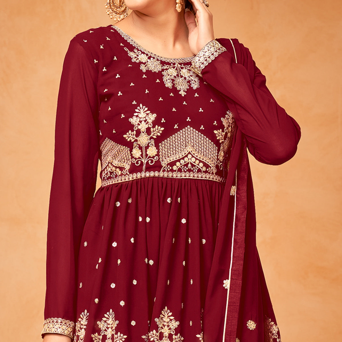 Red Floral Sequin Embroidered Georgette Semi Stitched Suit