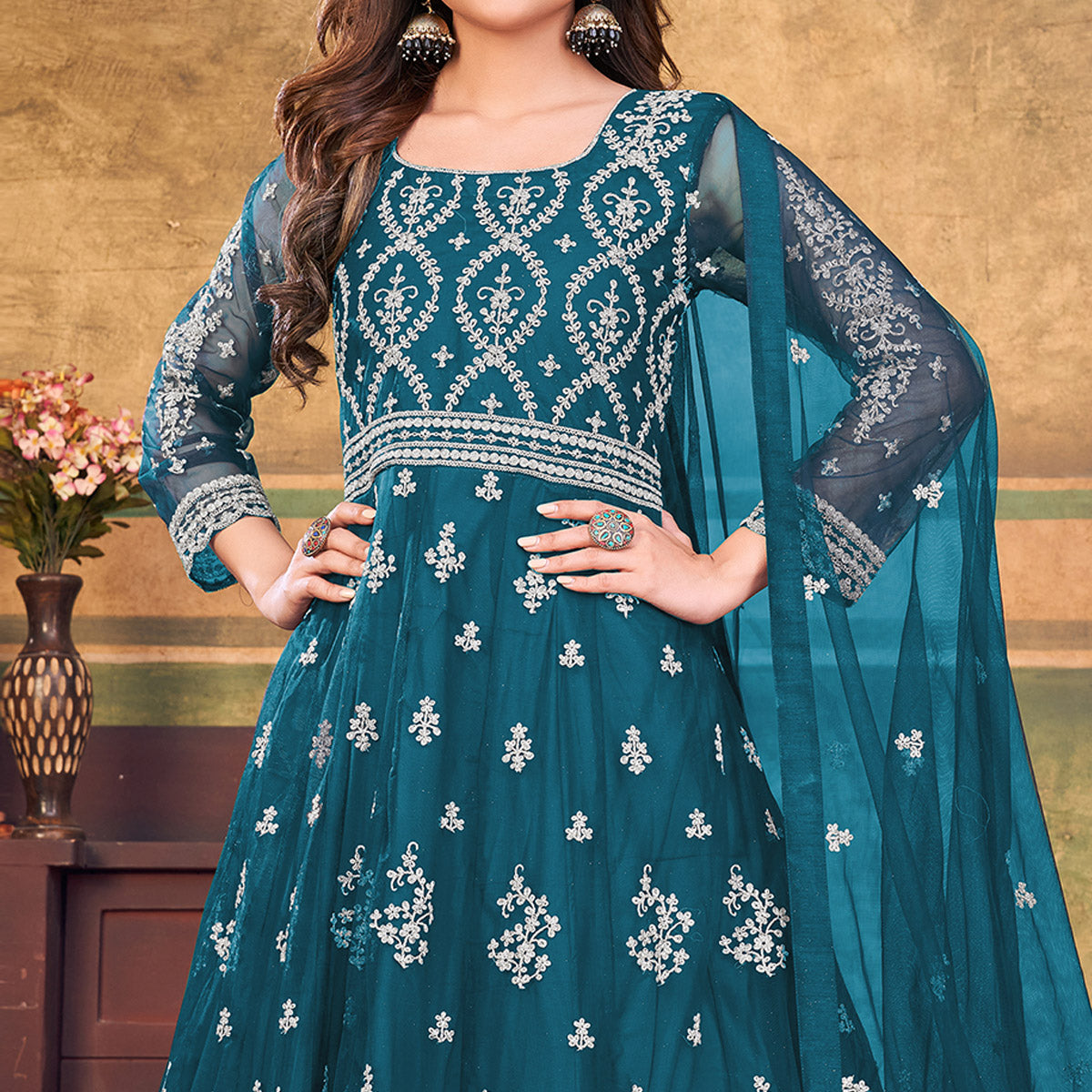 Rama Blue Embroidered Net Semi Stitched Anarkali Suit