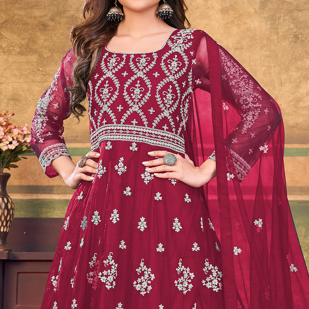 Pink Embroidered Net Semi Stitched Anarkali Suit