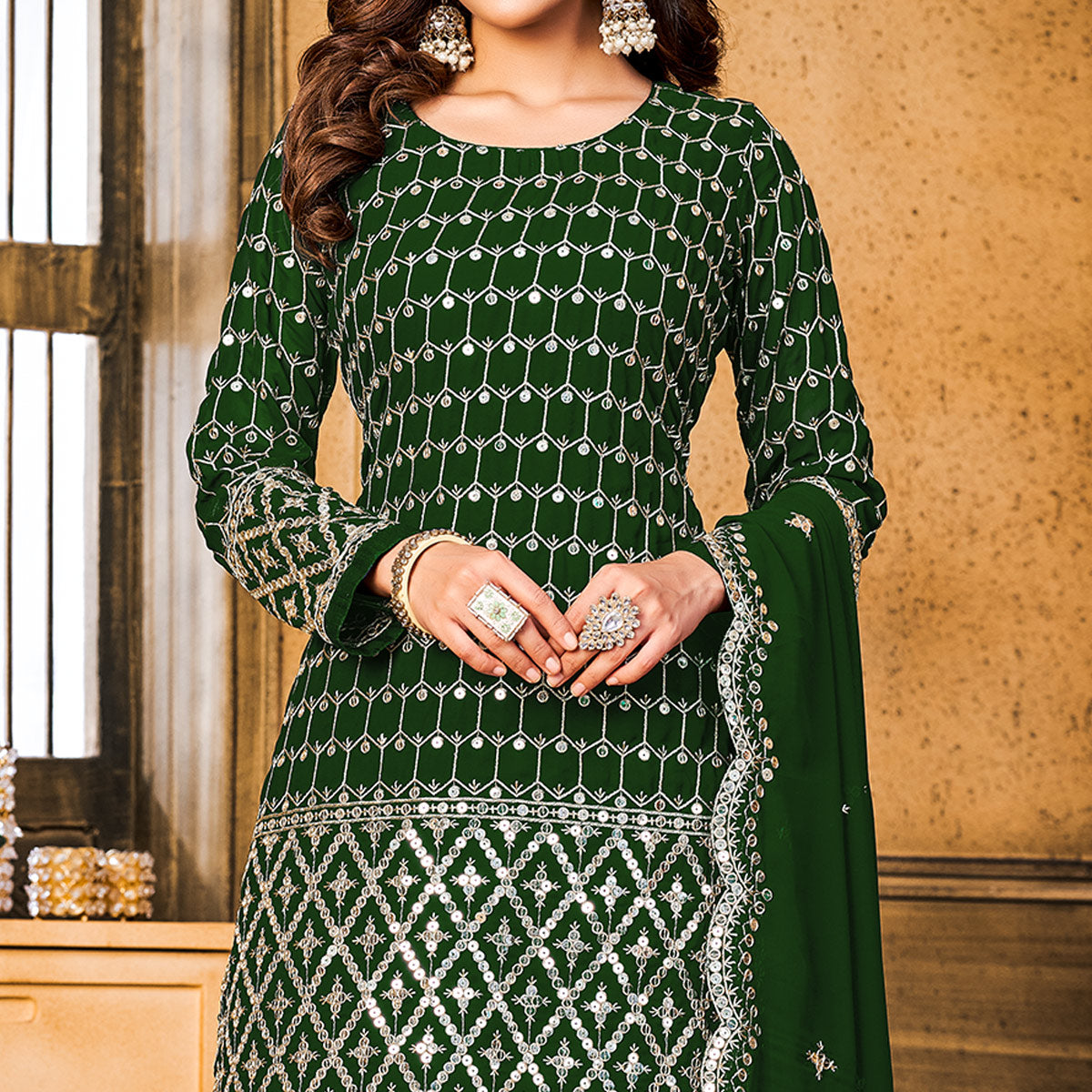 Green Sequins Embroidered Georgette Semi Stitched Suit