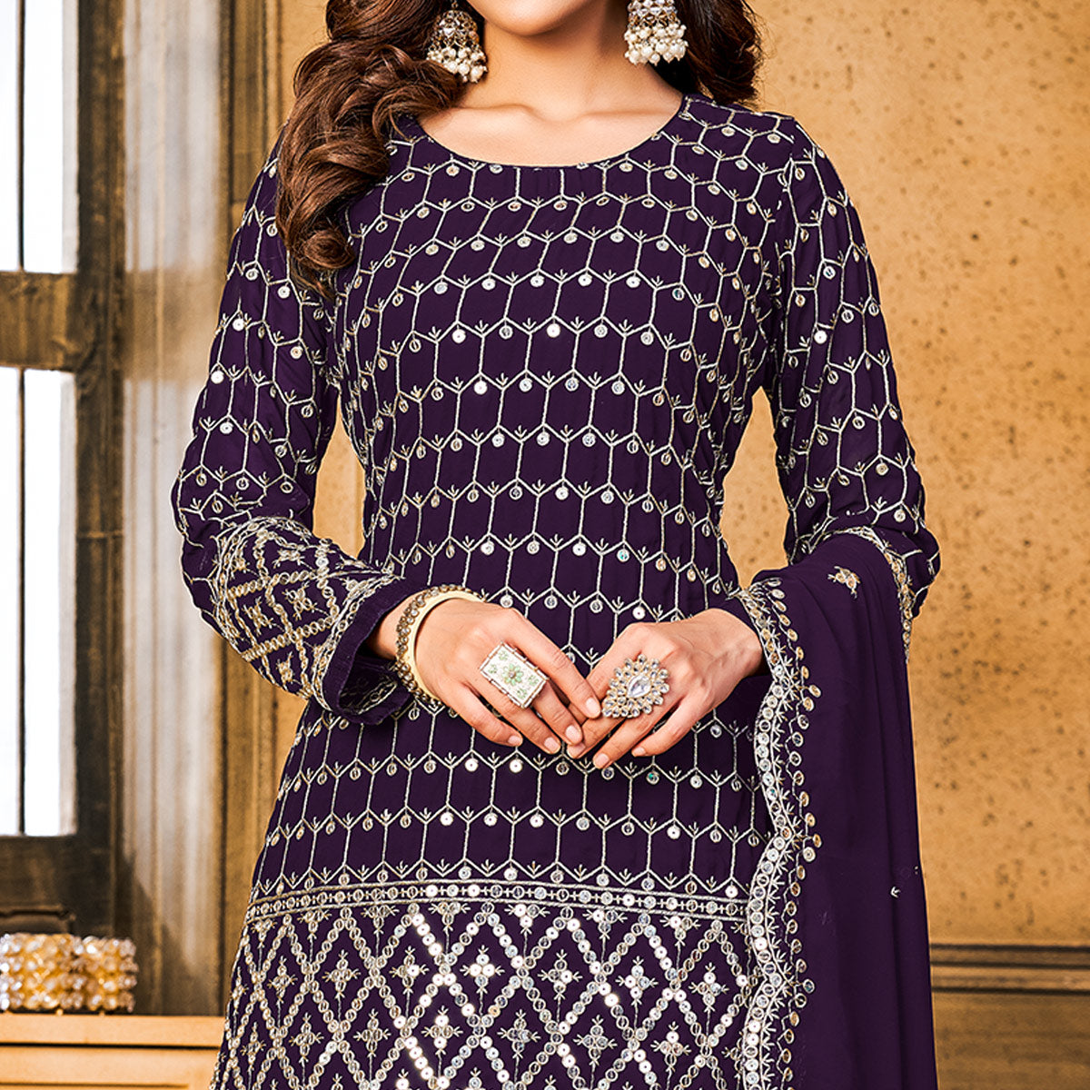 Purple Sequins Embroidered Georgette Semi Stitched Suit
