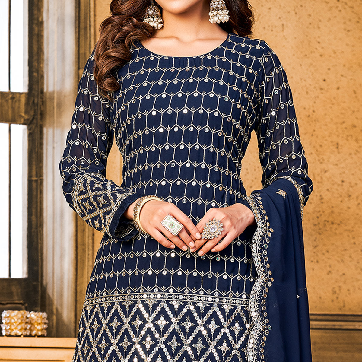 Blue Sequins Embroidered Georgette Semi Stitched Suit