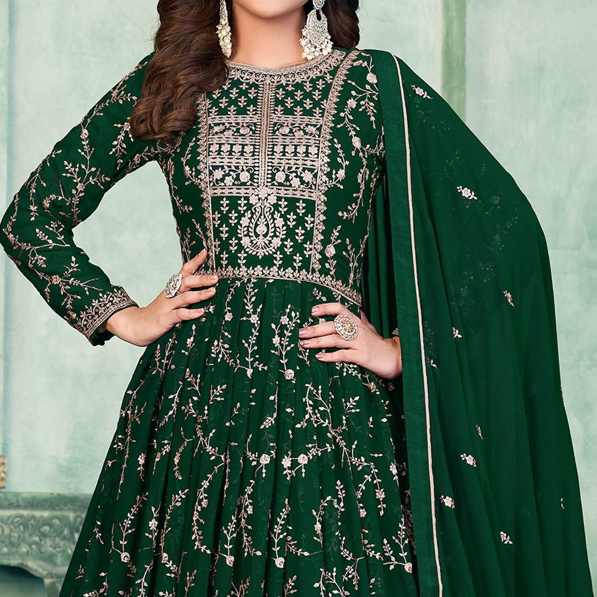 Green Embroidered Georgette Semi Stitched Anarkali Suit