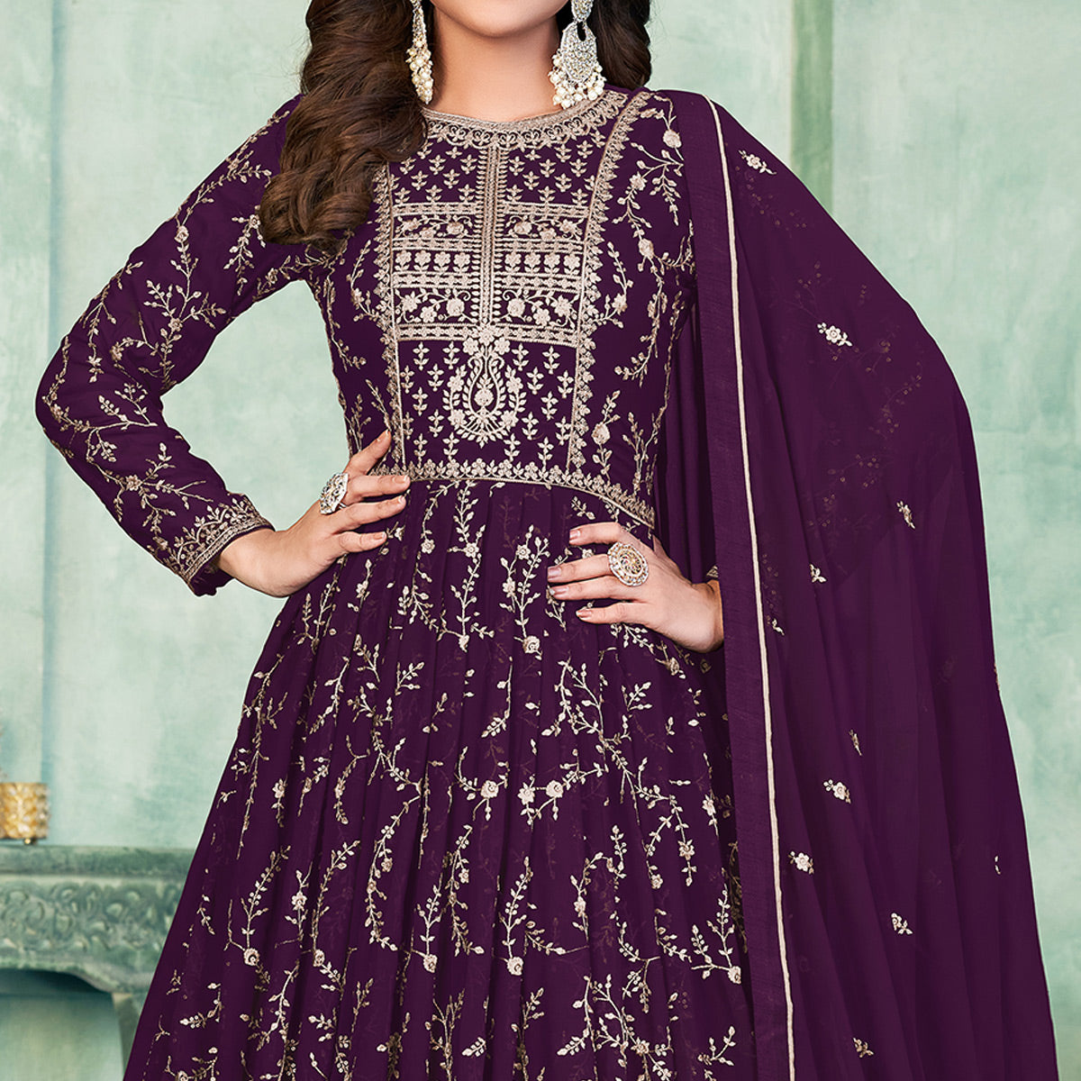 Purple Embroidered Georgette Semi Stitched Anarkali Suit